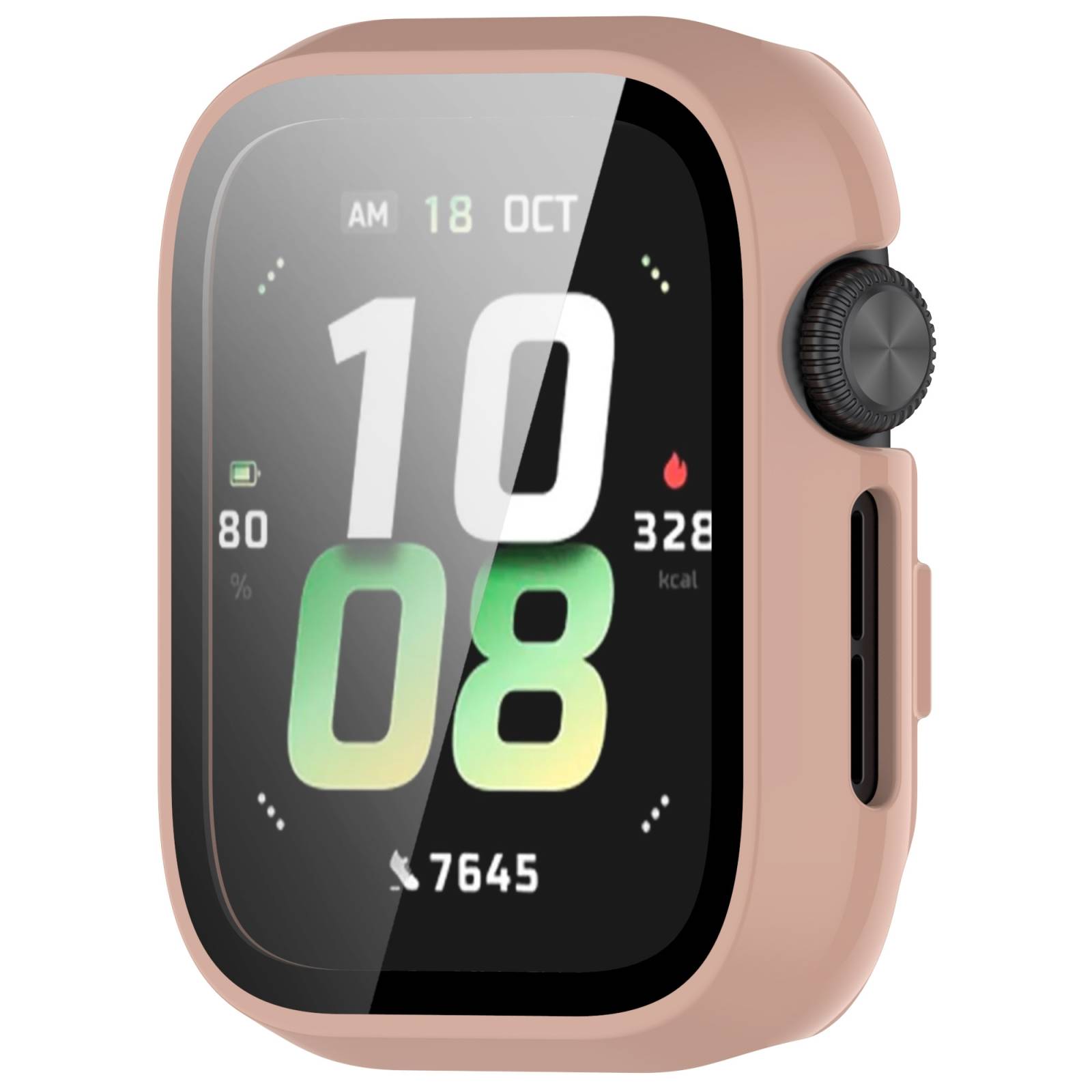 Eine rosa Smartwatch mit schwarzem digitalen Display, das 10:08 Uhr anzeigt, Datum 18. Oktober, Akku 80%, 322 kcal und 7.645 Schritte.