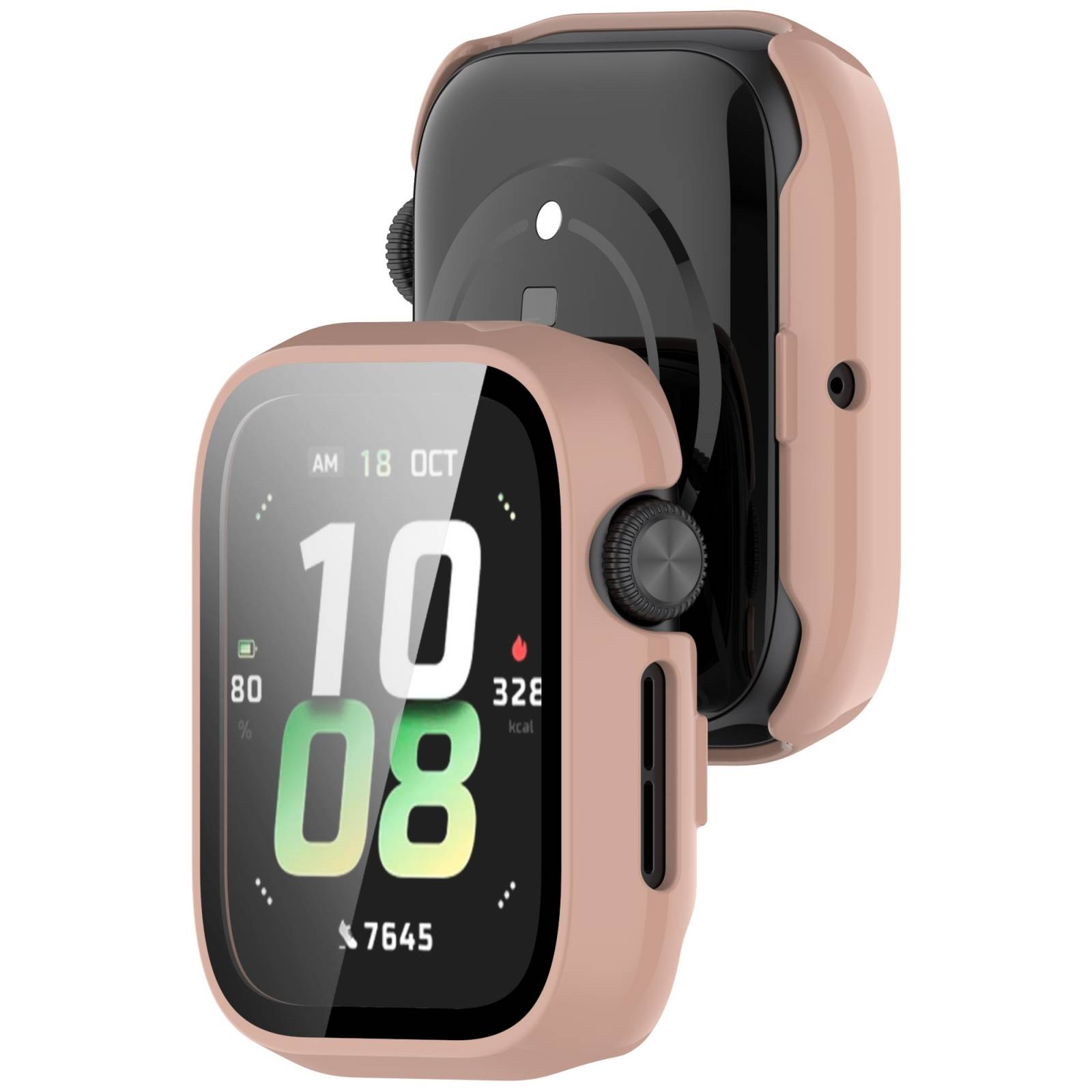 Rosa Smartwatch mit quadratischem schwarzem Bildschirm, der 10:08, Datum 18. Okt. und Fitness-Statistiken anzeigt, von vorne und hinten mit passendem Gehäuse dargestellt.