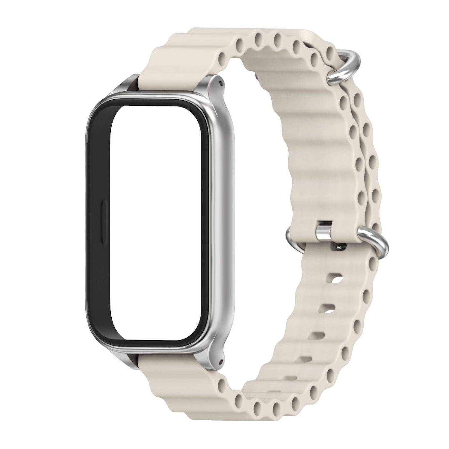 Für Xiaomi Smart Band 9 Active / Redmi Band 3 Silikon Marine Design Arm Band mit Metallrahmen Beige / Silber