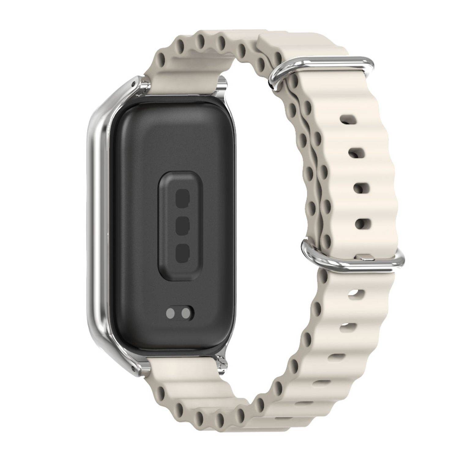 Für Xiaomi Smart Band 9 Active / Redmi Band 3 Silikon Marine Design Arm Band mit Metallrahmen Beige / Silber