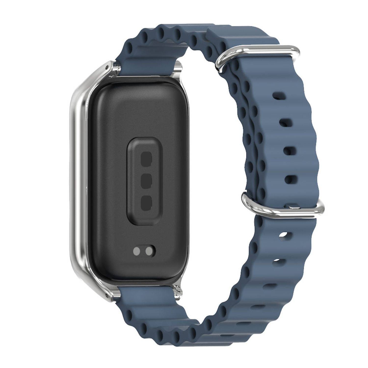 Für Xiaomi Smart Band 9 Active / Redmi Band 3 Silikon Marine Design Arm Band mit Metallrahmen Blau / Silber