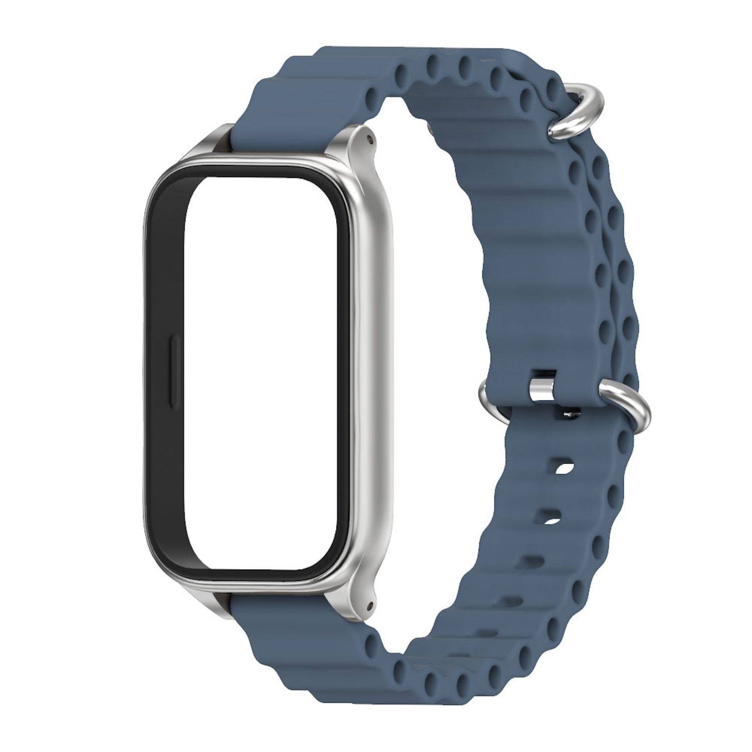 Für Xiaomi Smart Band 9 Active / Redmi Band 3 Silikon Marine Design Arm Band mit Metallrahmen Blau / Silber