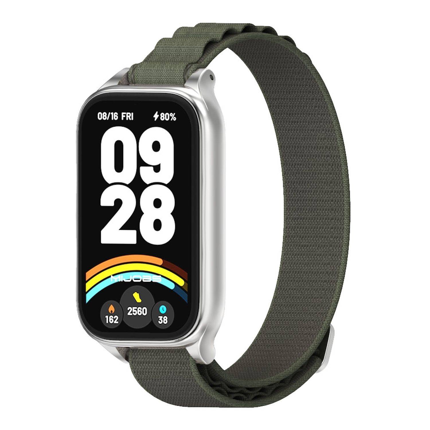 Für Xiaomi Smart Band 9 Active / Redmi Band 3 Nylon Arm Band mit Metallrahmen Grün / Silber