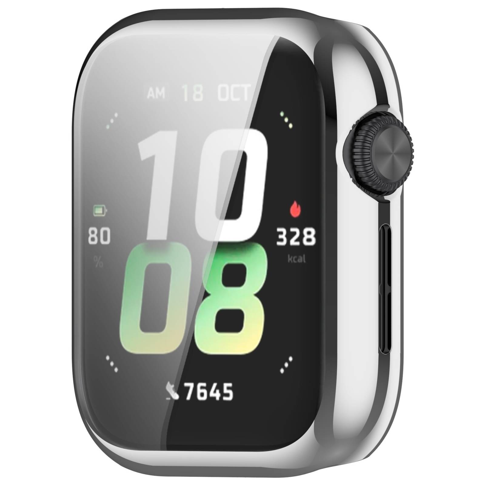 Smartwatch mit schwarzem Display zeigt 10:08 Uhr, Datum 18. Oktober, 80% Batterie, 328 kcal und 7645 Schritte.