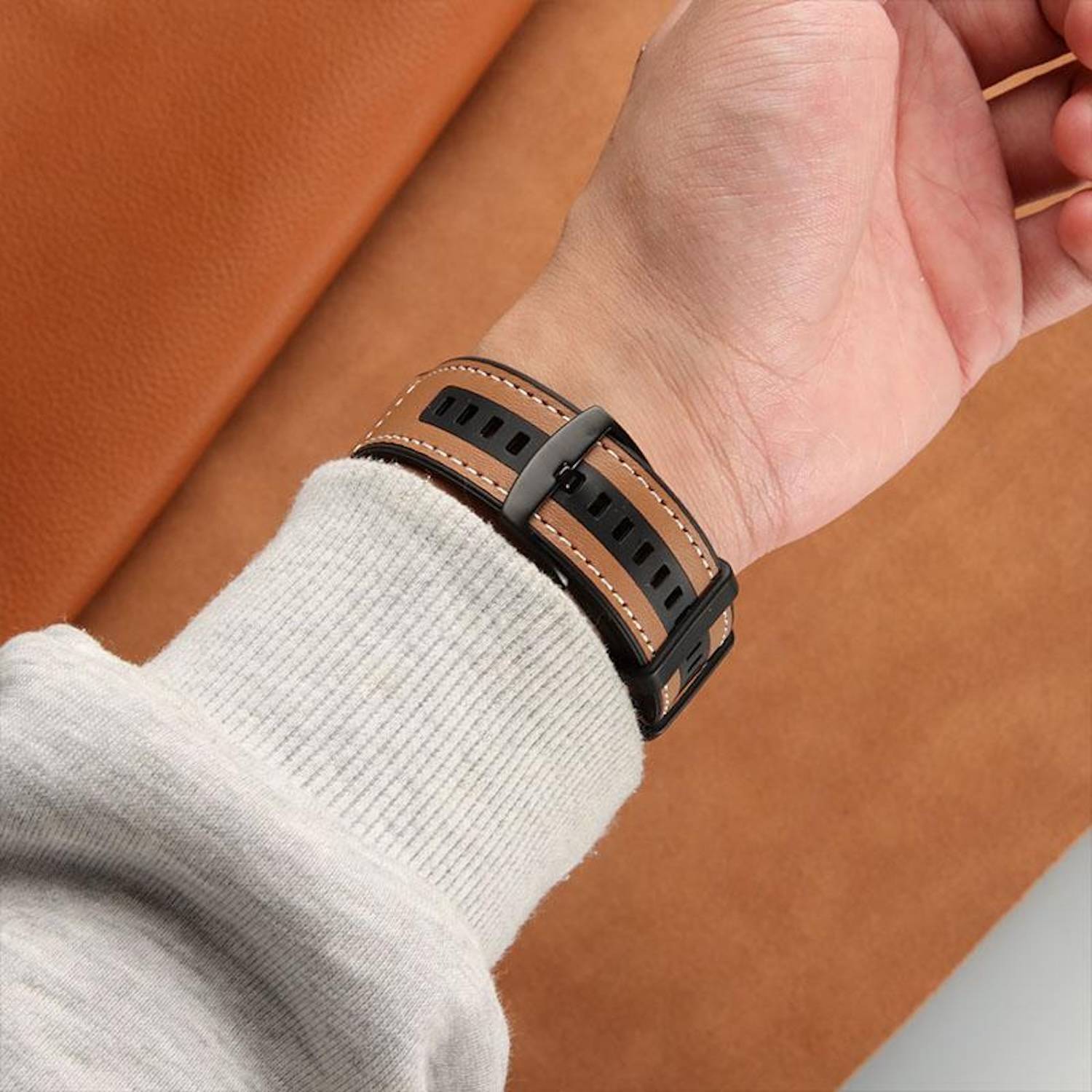 Für Honor Watch 5 Hochwertiges Premium Leder Hybrid Silikon Ersatz Arm Band Schwarz