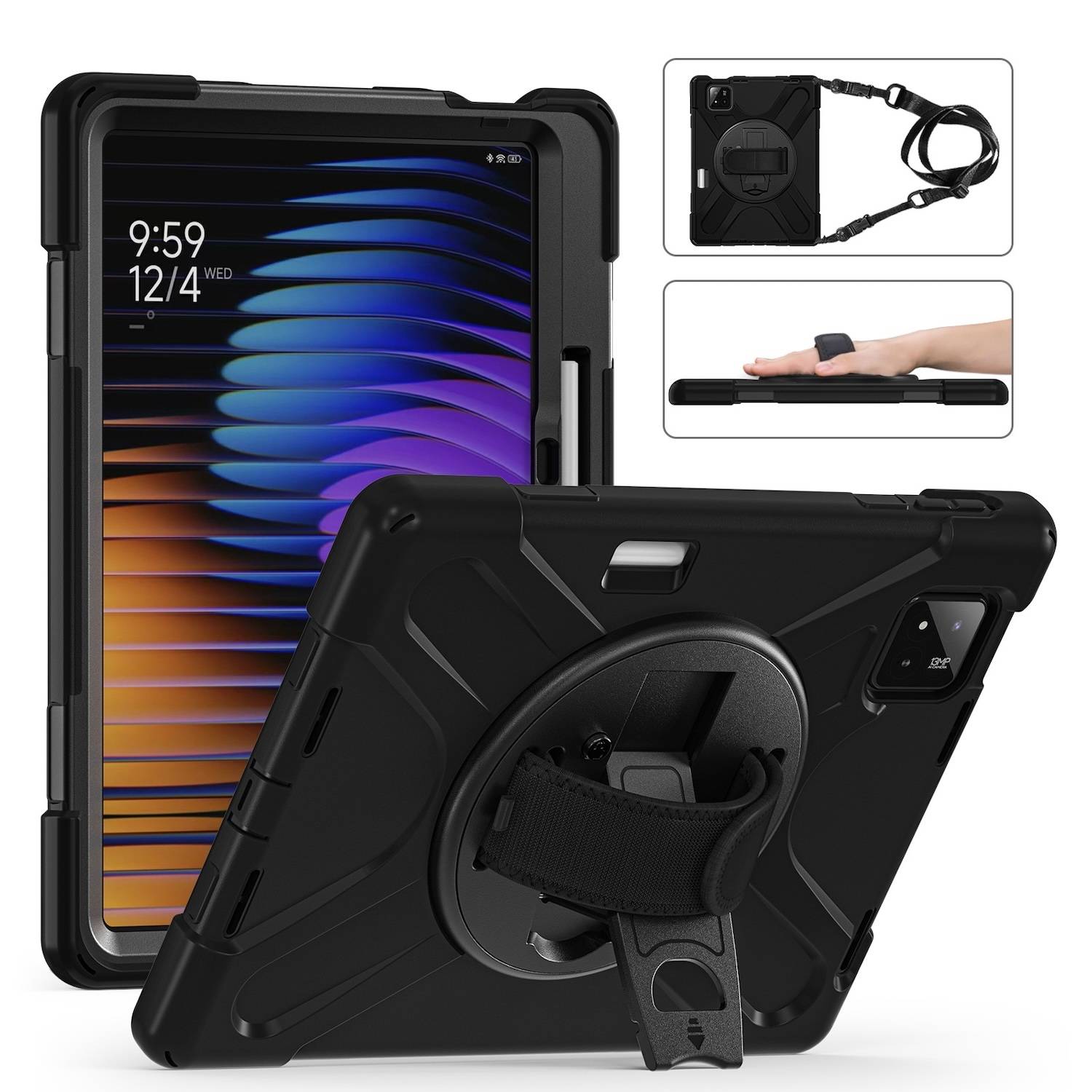 Für Xiaomi Pad 7 / 7 Pro Silikon Hybrid Tasche Schultergurt + Halterung Schwarz
