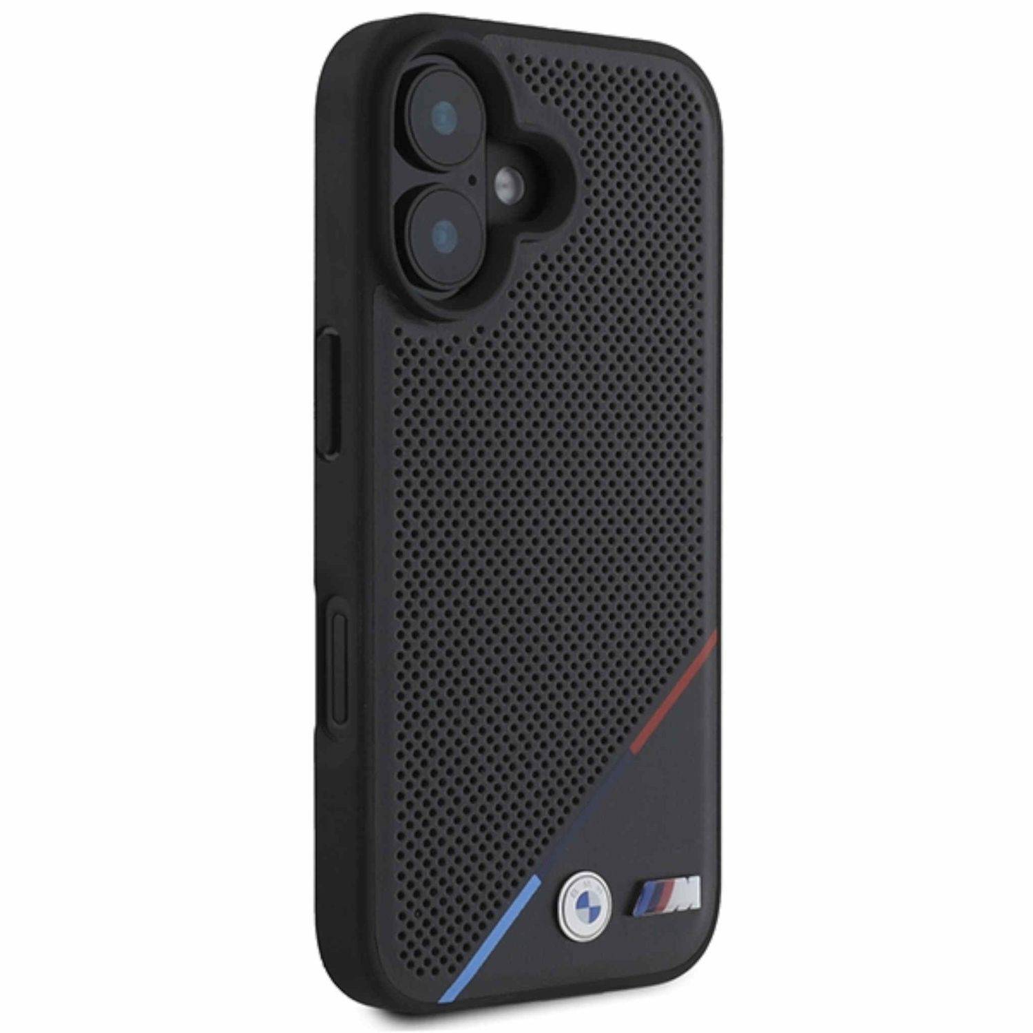 BMW Apple iPhone 16 Hardcase Perforated Tricolor Line MagSafe Schwarz