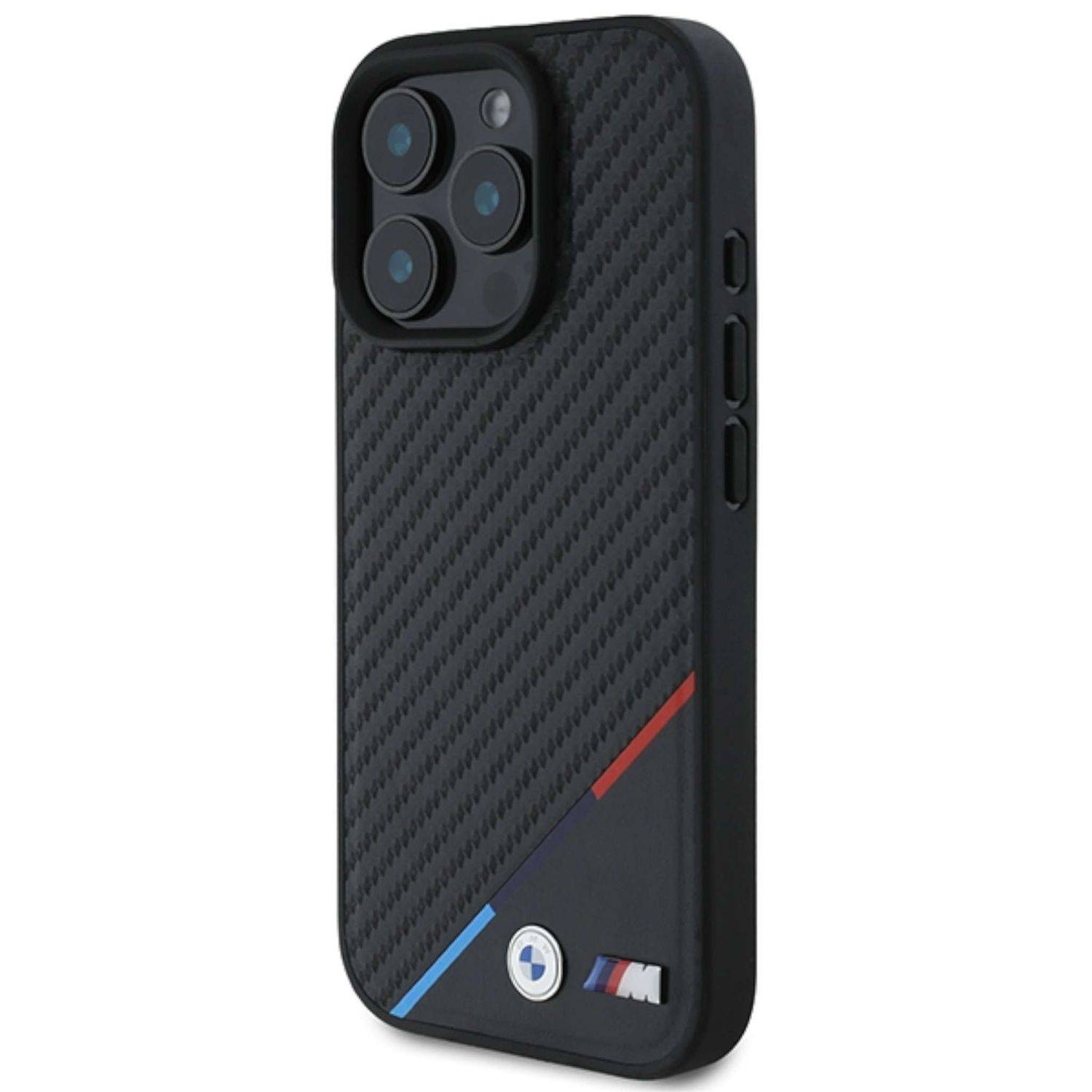 BMW Apple iPhone 16 Pro Hardcase Carbon Tricolor Line MagSafe Schwarz