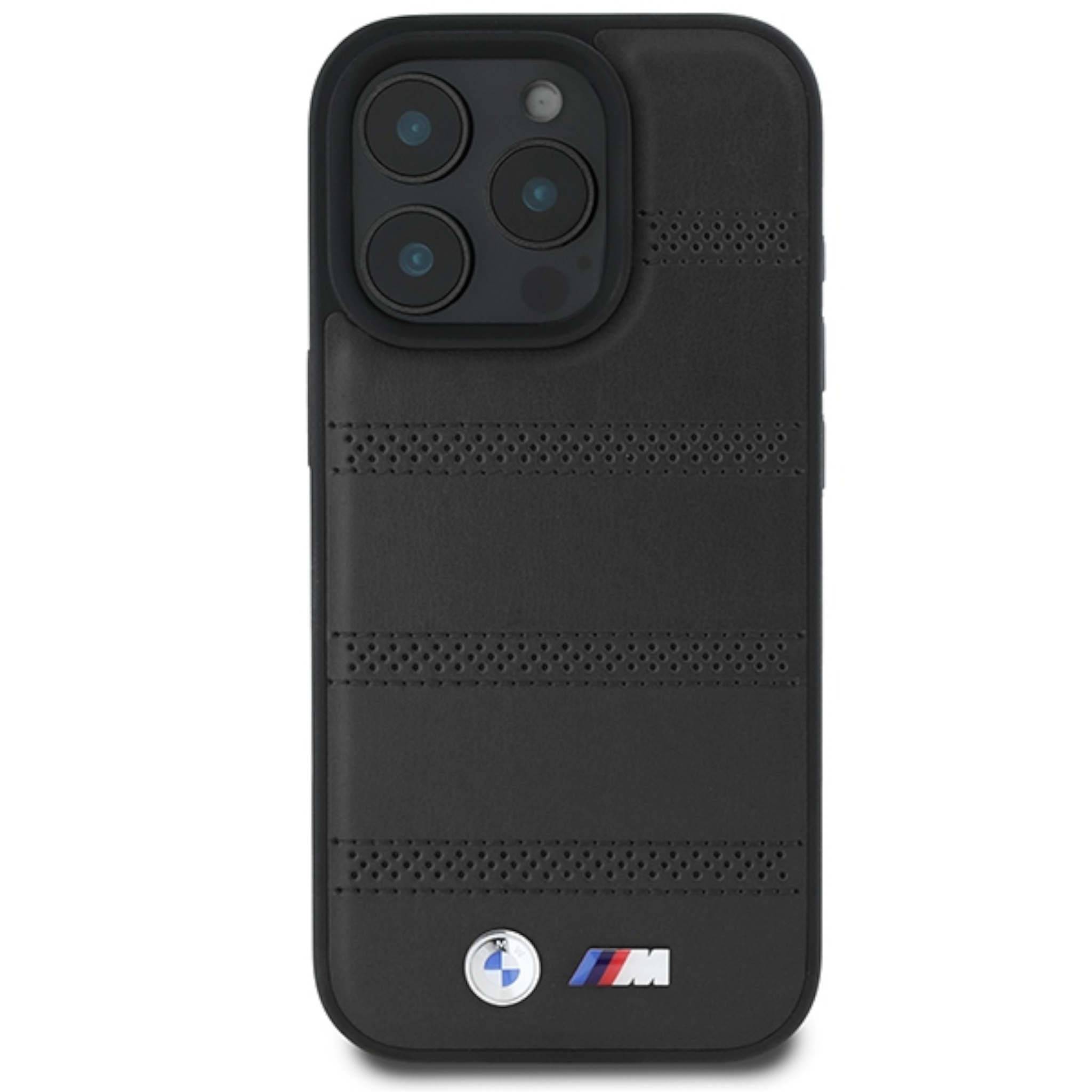 Schwarze BMW M Handyhülle mit Dreifach-Kameraausschnitt und BMW- sowie M-Logos auf der Rückseite.