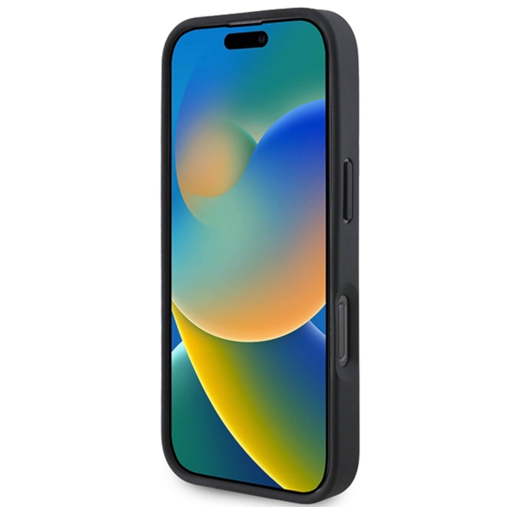 Smartphone in einem schwarzen Schutzgehäuse aufrecht auf weißem Hintergrund dargestellt, mit eingeschaltetem Bildschirm, der ein farbenfrohe abstrakte Tapete anzeigt.
