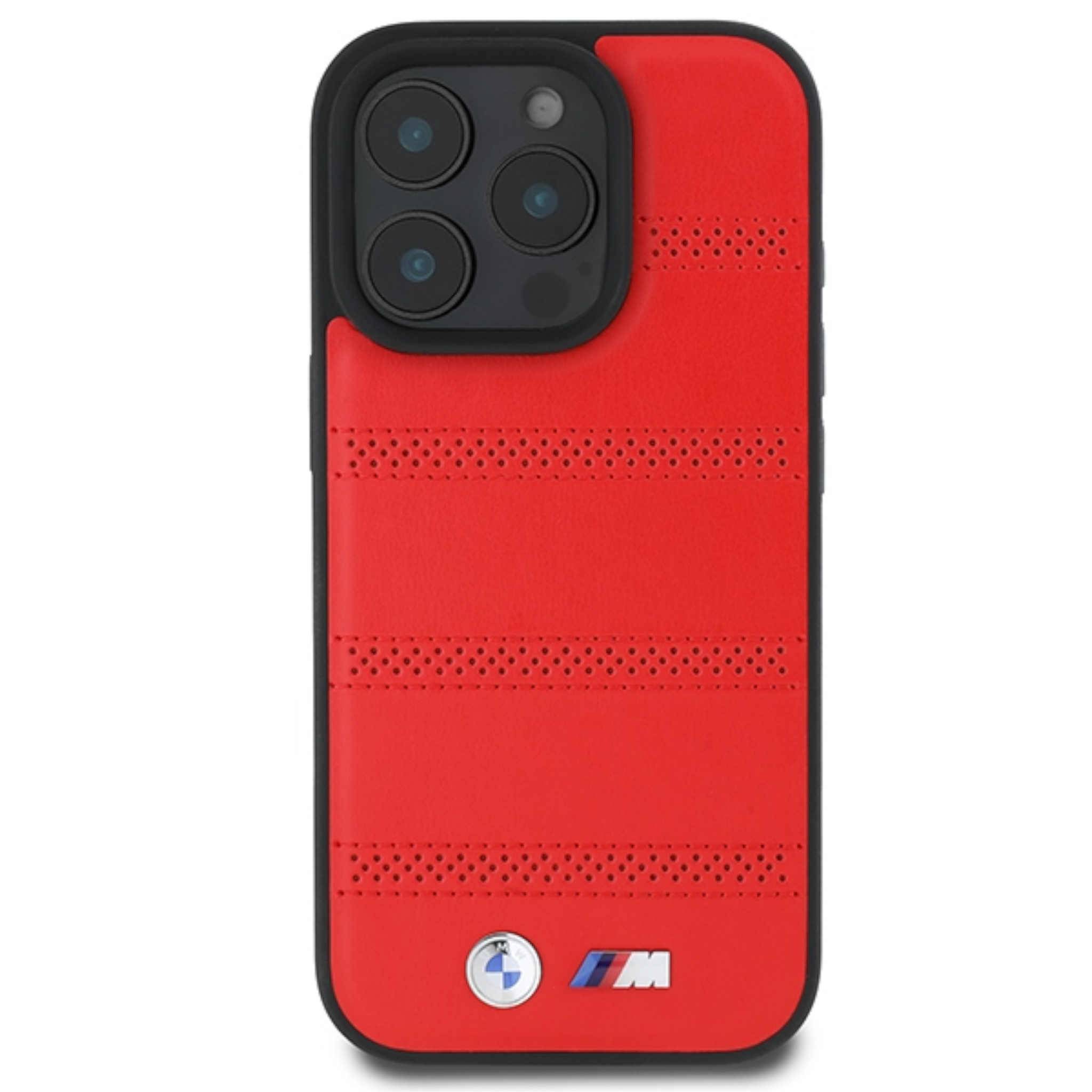 Rote BMW M-Serie Handyhülle mit schwarzem Kamerabuckel und perforierten Streifen, auf weißem Hintergrund dargestellt.