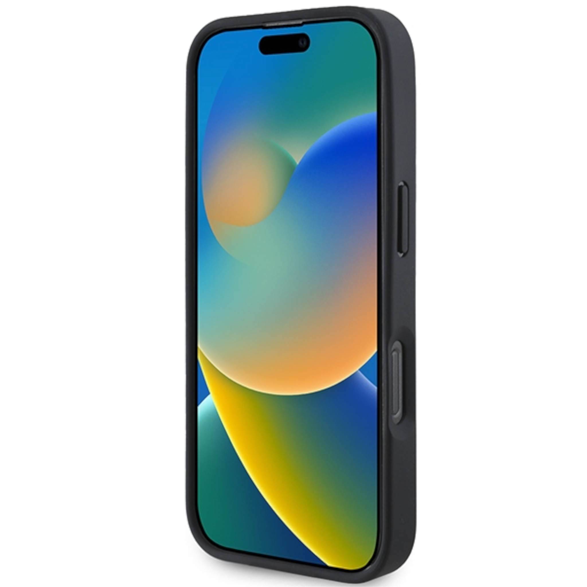 Schwarzes Smartphone in einer Schutzhülle, in Vorderansicht mit farbenfrohem abstraktem Bildschirm.