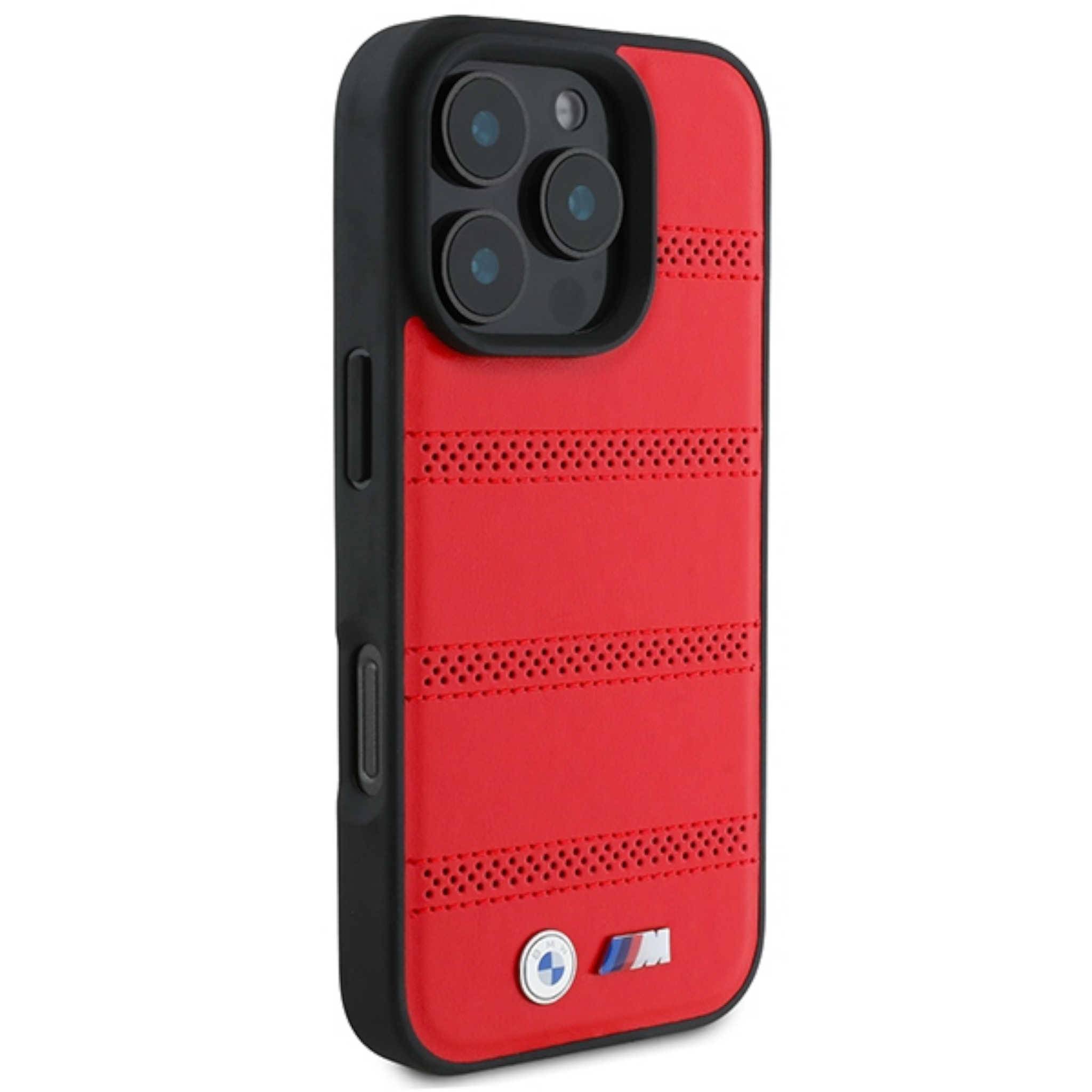 Rotes und schwarzes Smartphone-Case mit strukturierten Streifen, Kameraausschnitt und BMW M-Logo unten.