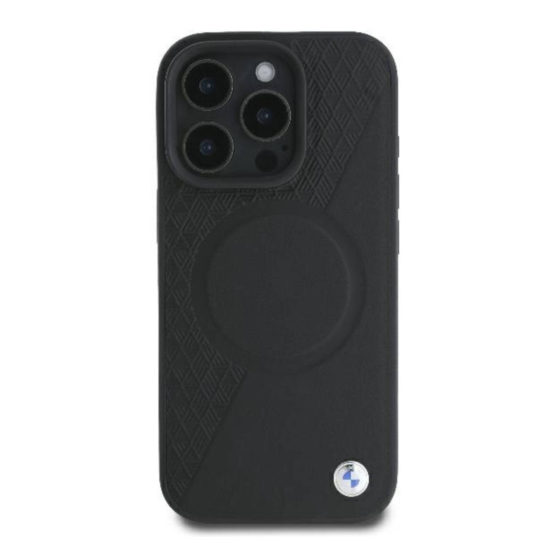 Schwarze iPhone-Hülle mit MagSafe-Ring und BMW-Logo, Vorderansicht auf weißem Hintergrund.