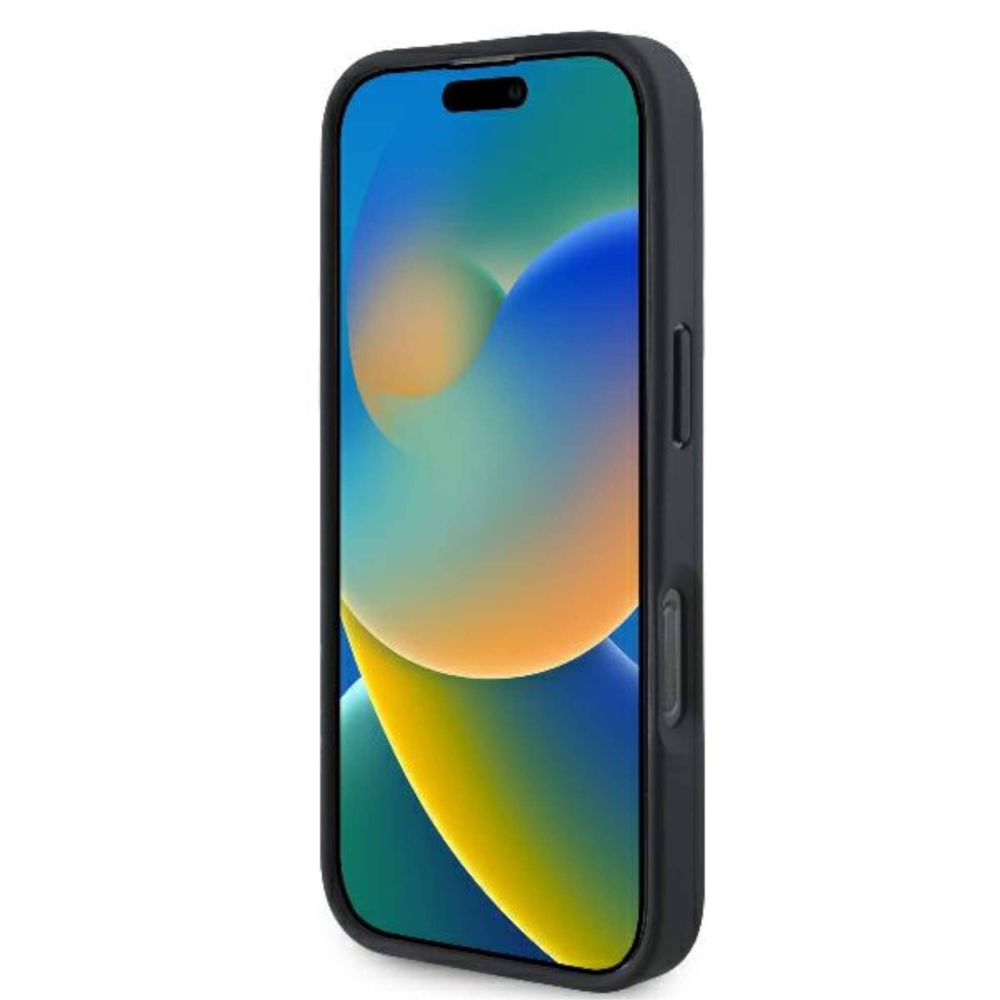 Schwarzes Smartphone in einer Schutzhülle von vorne dargestellt mit einem bunten abstrakten Hintergrundbild.