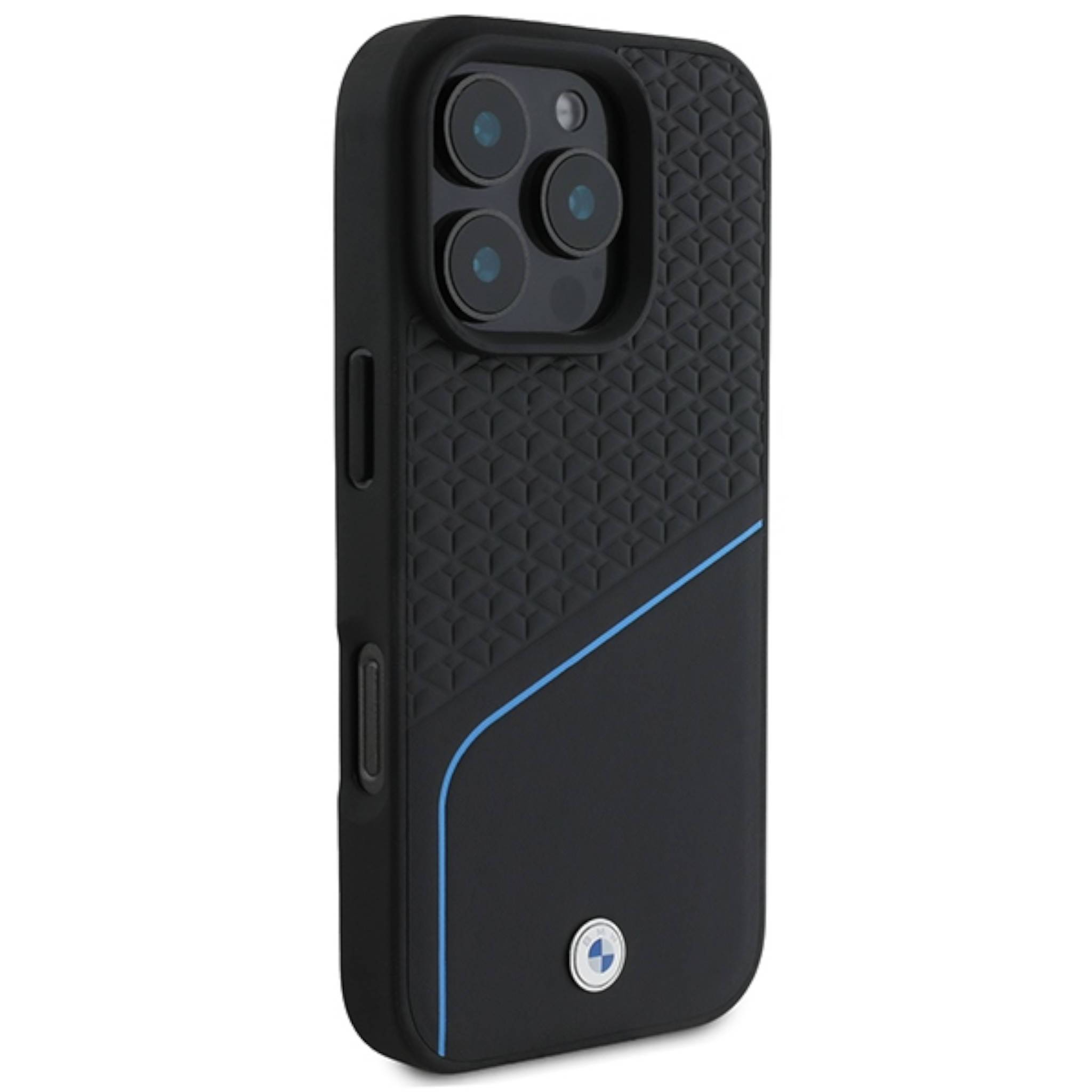 Schwarze Smartphone-Schutzhülle mit strukturierter Griffoberfläche, blauem diagonalem Akzent und erhöhter Aussparung für dreifache Kamera