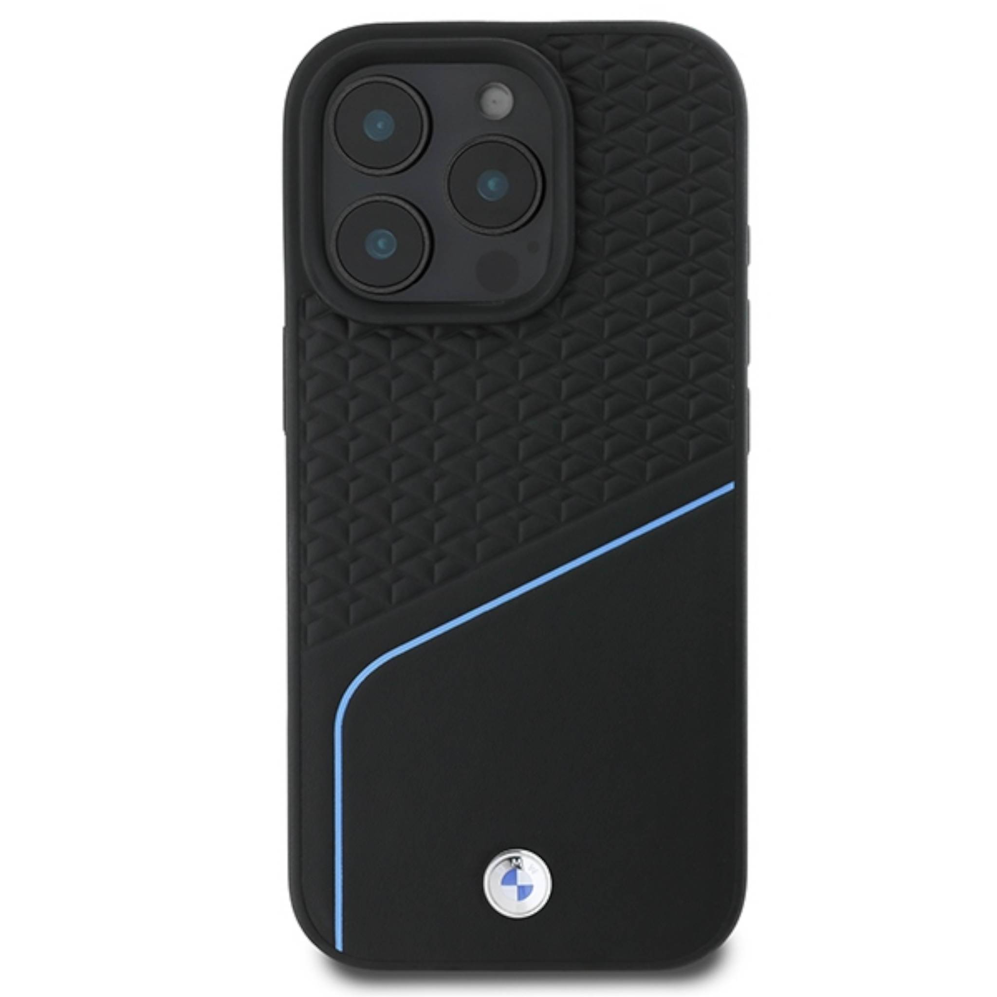 Schwarze Smartphone-Hülle mit strukturierter Rückseite, blauer Akzentlinie und BMW-Logo, auf einfachem weißem Hintergrund gezeigt.