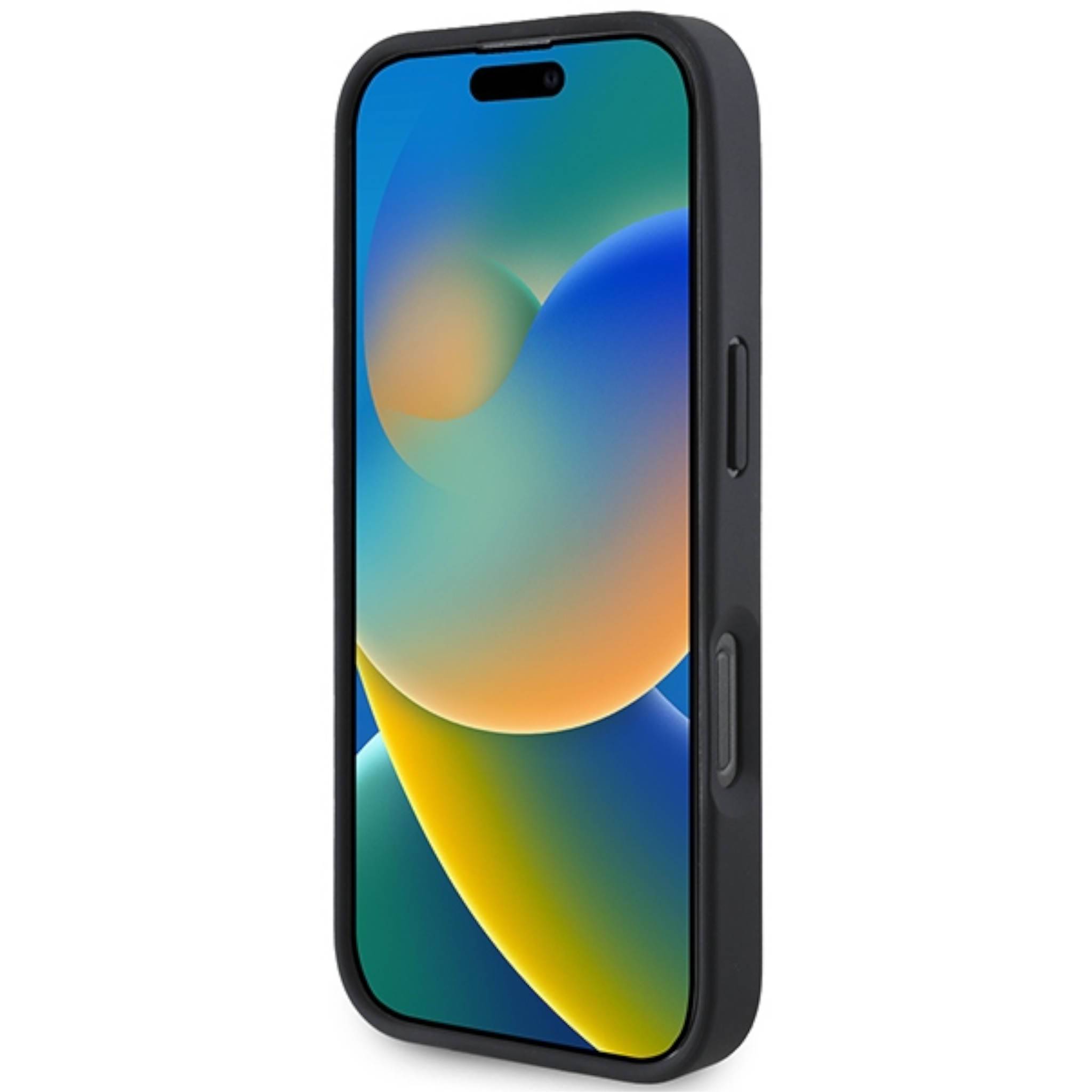 Smartphone in einem schwarzen Schutzgehäuse mit eingeschaltetem Bildschirm, auf dem ein farbenfroher abstrakter Hintergrund angezeigt wird.