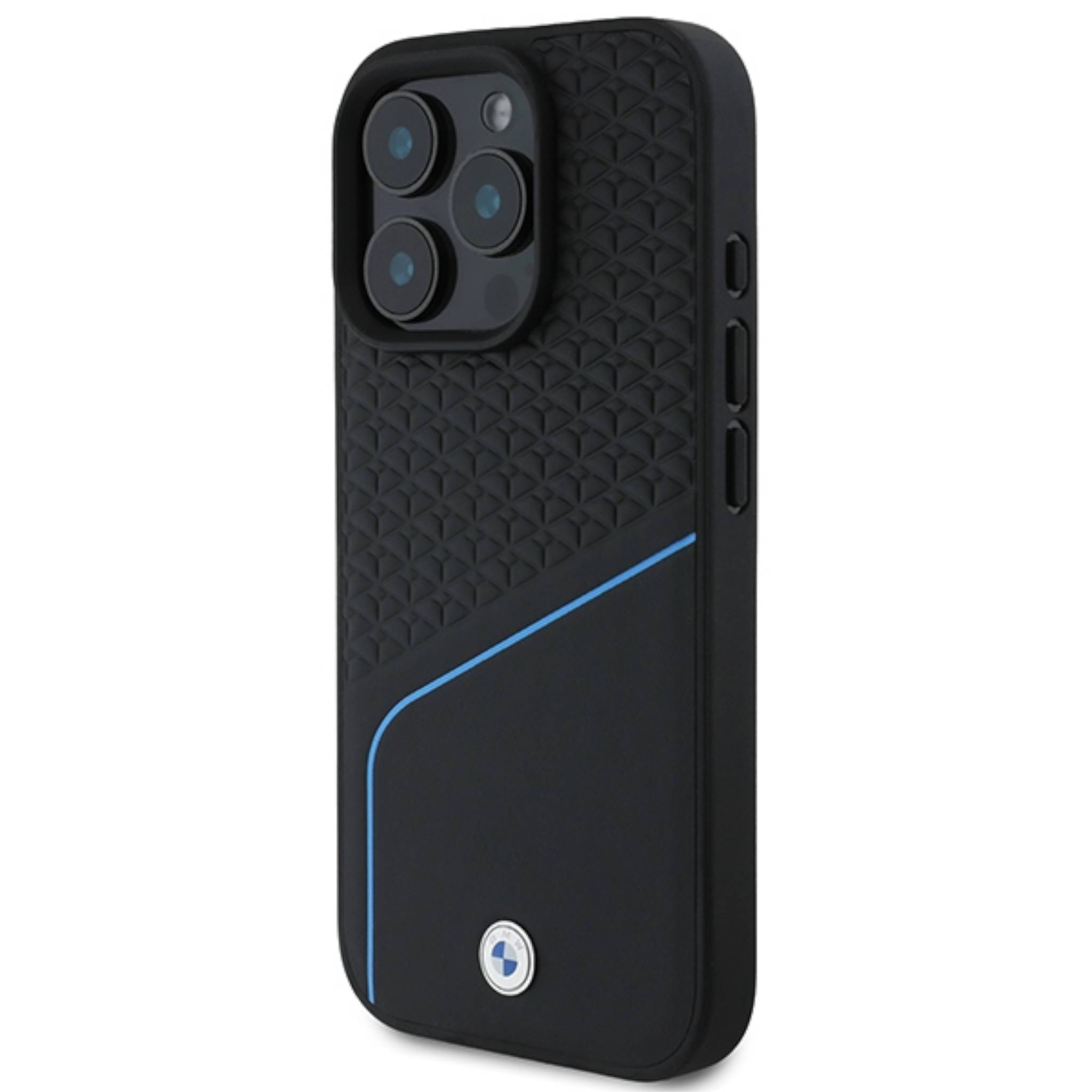Schwarze Smartphone-Schutzhülle mit strukturiertem Rücken, blauer Akzentlinie, erhöhtem Kameraausschnitt und Seitentastenschutzabdeckungen.