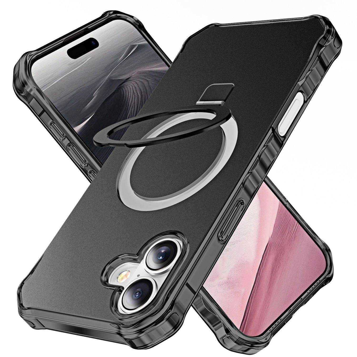 Für Apple iPhone 16 Solid Color Wave Design MagSafe Ring Halterung Hülle Schwarz