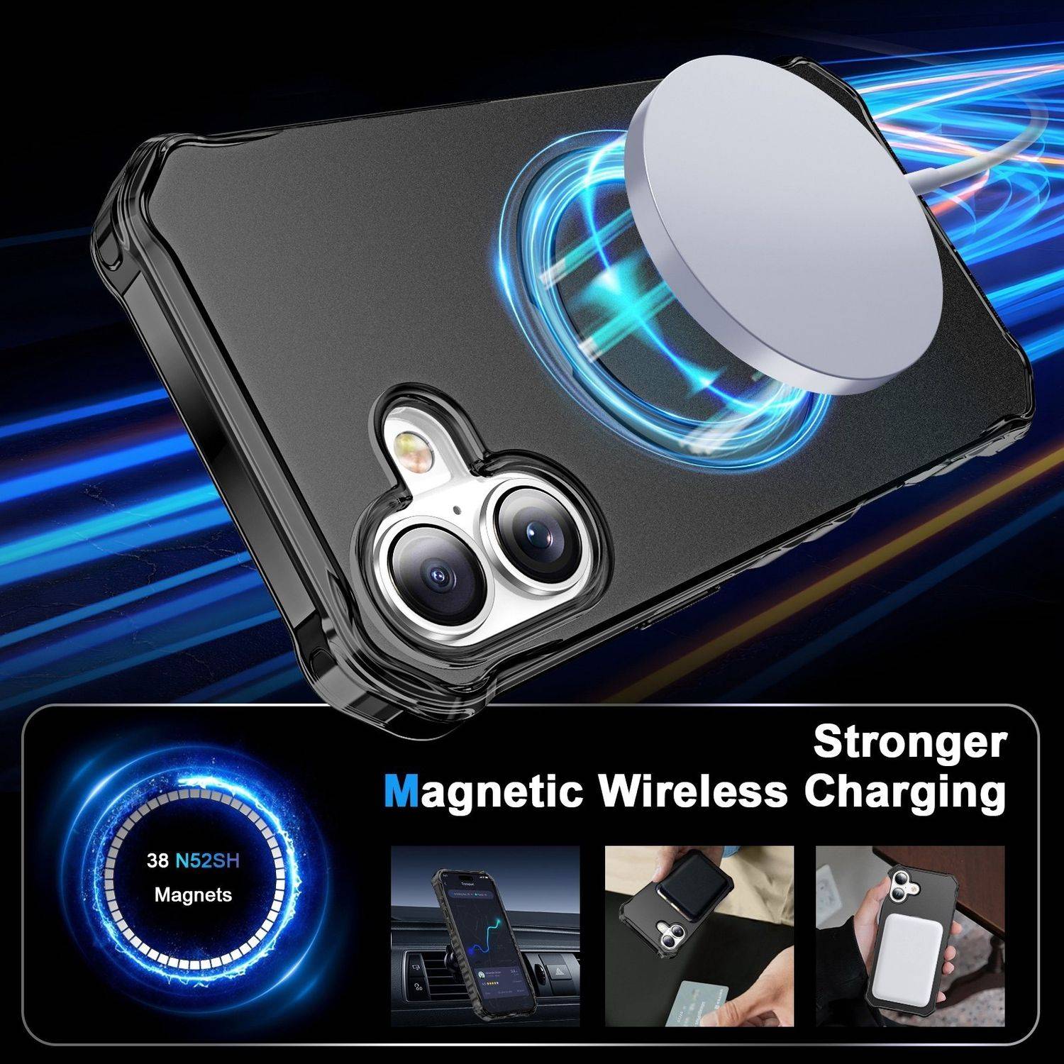 Für Apple iPhone 16 Solid Color Wave Design MagSafe Ring Halterung Hülle Schwarz