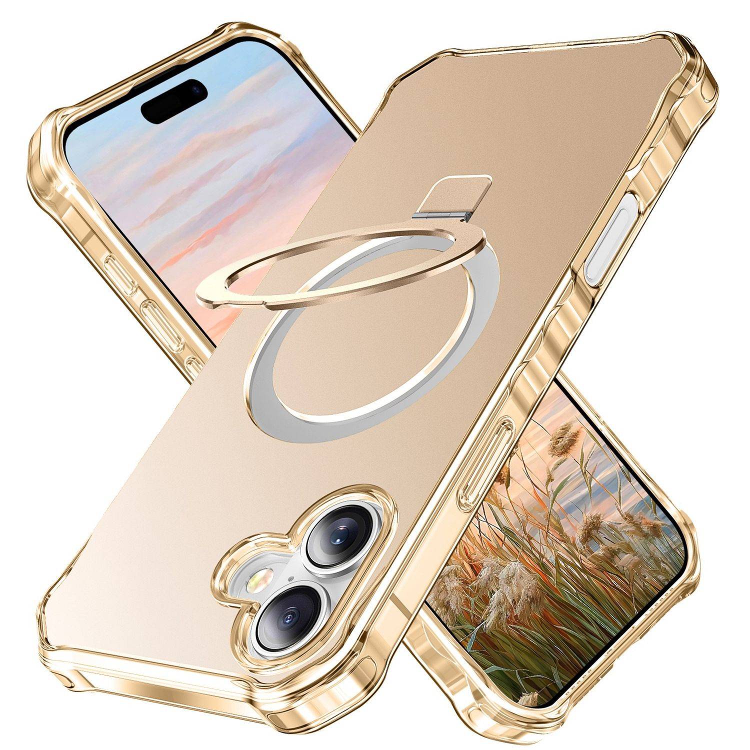 Für Apple iPhone 16 Plus Solid Color Wave Design MagSafe Ring Halterung Hülle Gold