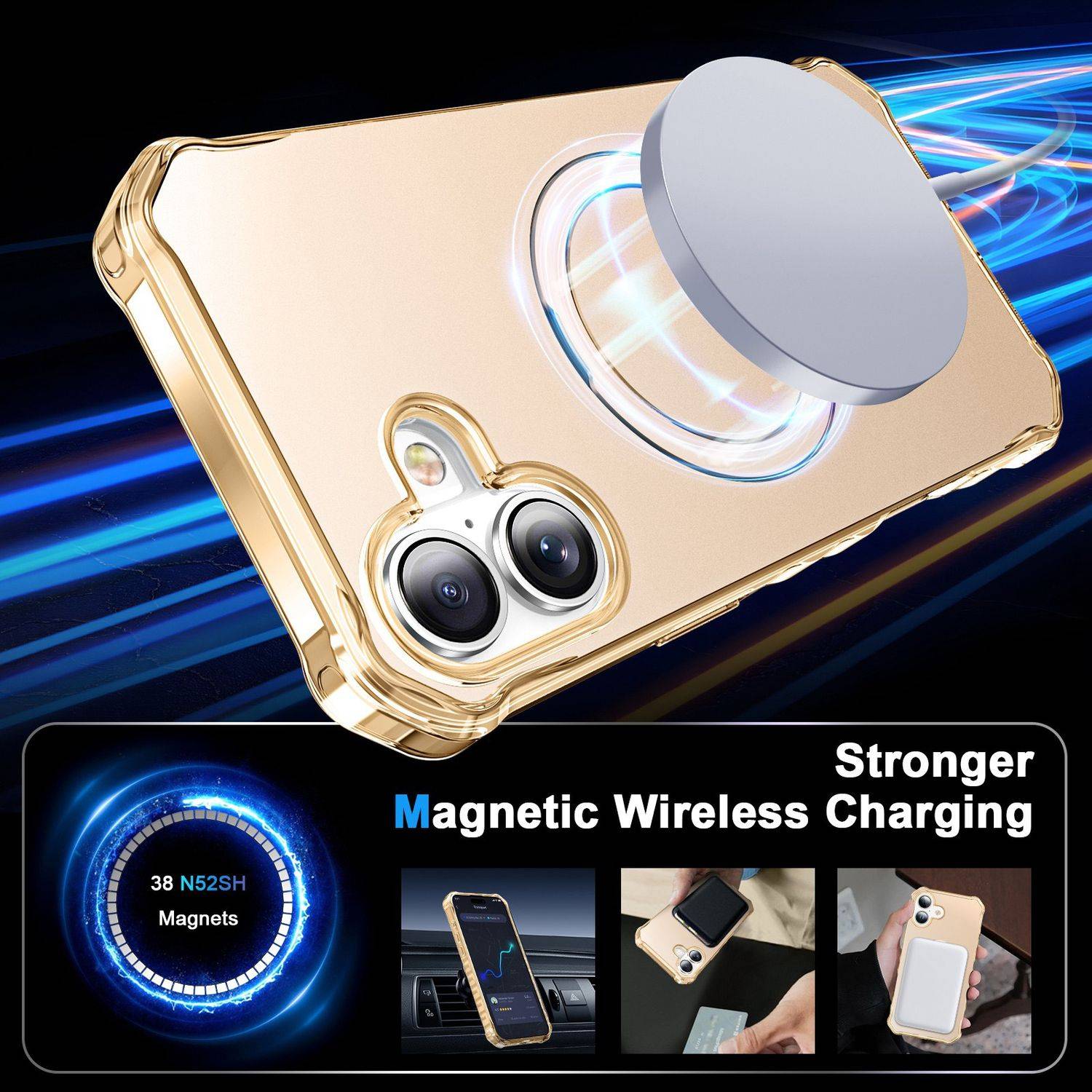 Für Apple iPhone 16 Plus Solid Color Wave Design MagSafe Ring Halterung Hülle Gold