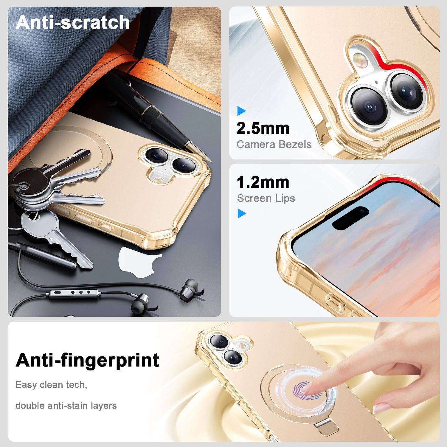 Für Apple iPhone 16 Plus Solid Color Wave Design MagSafe Ring Halterung Hülle Gold