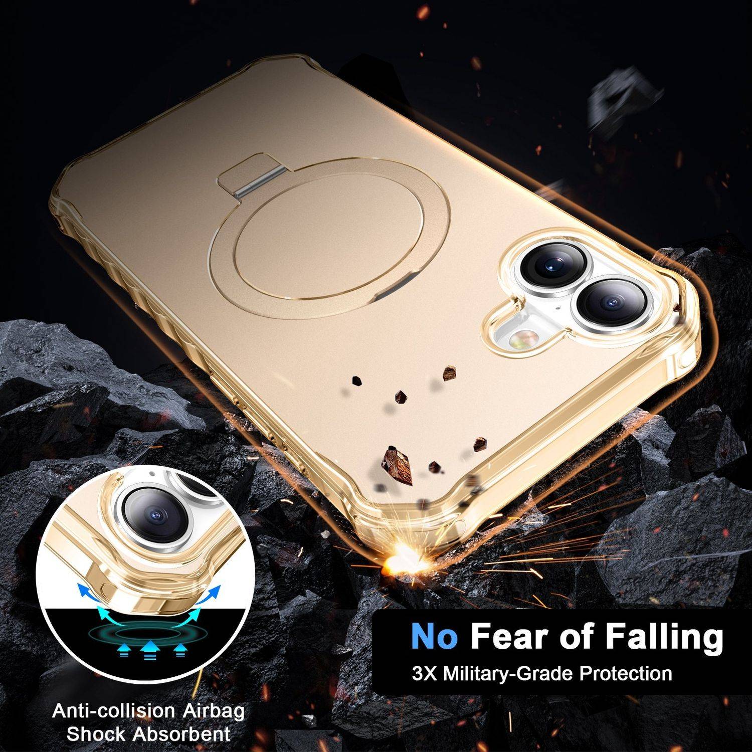 Für Apple iPhone 16 Plus Solid Color Wave Design MagSafe Ring Halterung Hülle Gold