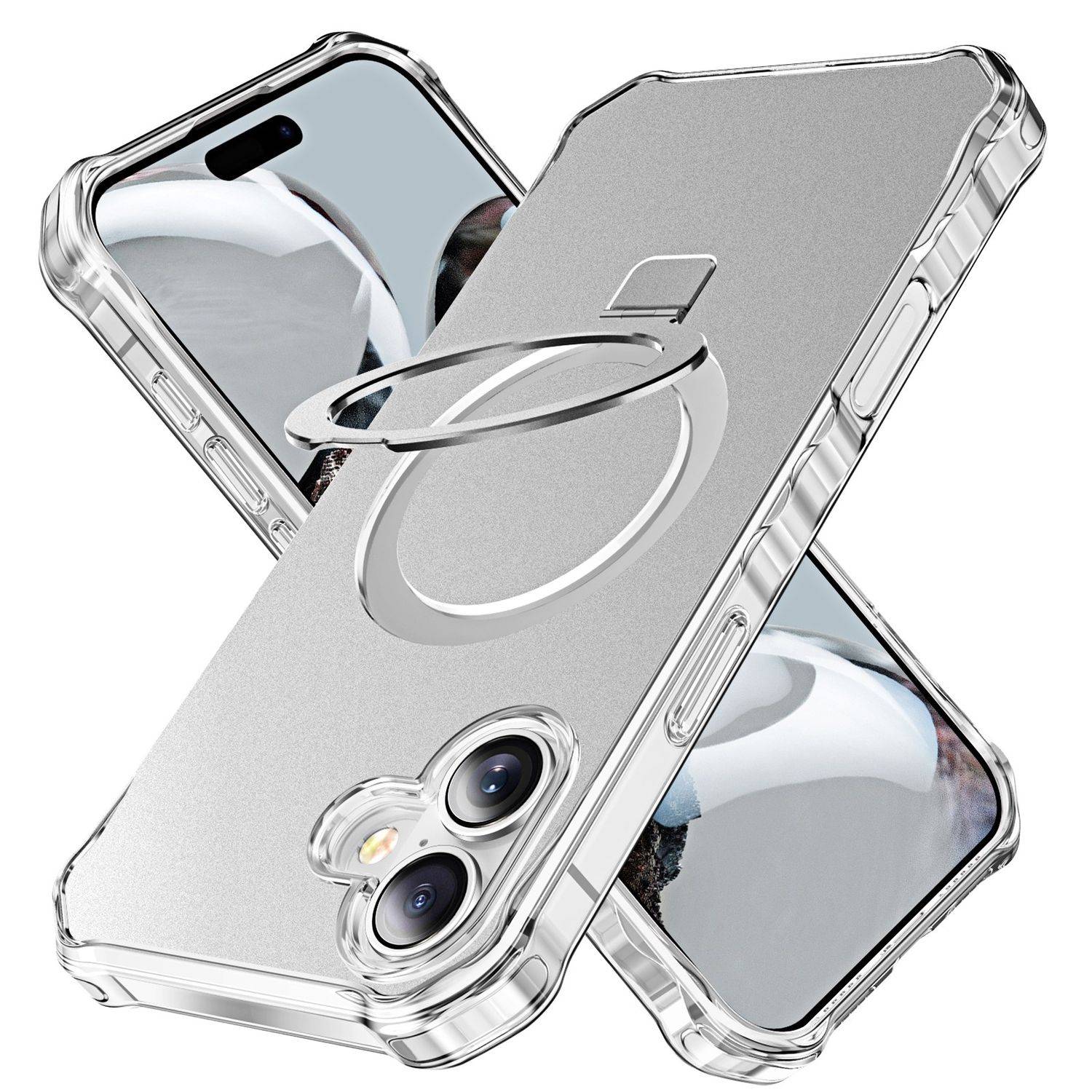 Für Apple iPhone 16 Plus Solid Color Wave Design MagSafe Ring Halterung Hülle Silber