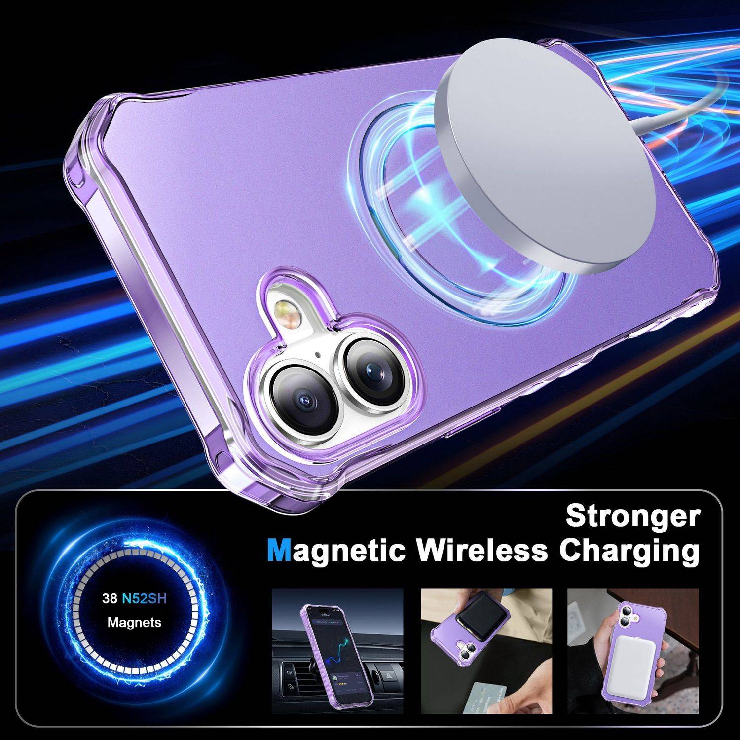 Für Apple iPhone 16 Solid Color Wave Design MagSafe Ring Halterung Hülle Lila