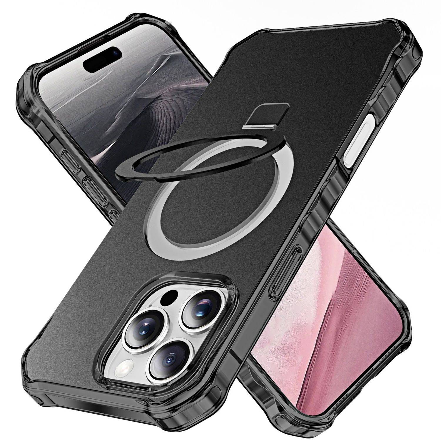 Für Apple iPhone 16 Pro Solid Color Wave Design MagSafe Ring Halterung Hülle Schwarz