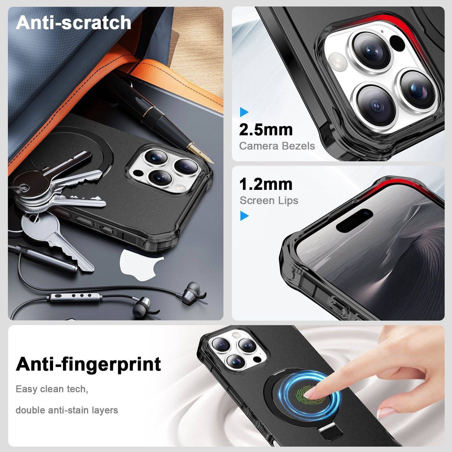 Für Apple iPhone 16 Pro Solid Color Wave Design MagSafe Ring Halterung Hülle Schwarz