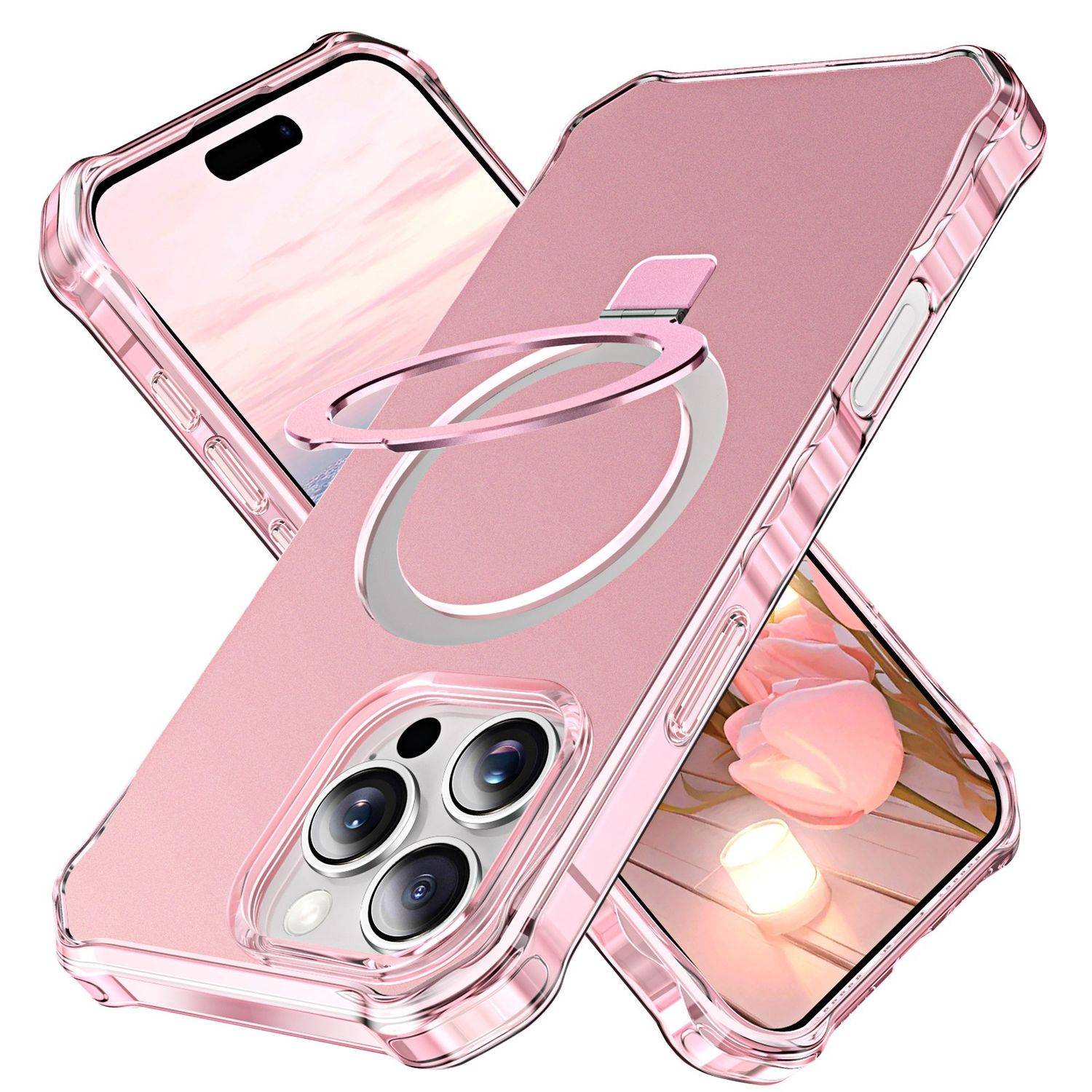 Für Apple iPhone 16 Pro Solid Color Wave Design MagSafe Ring Halterung Hülle Rosa