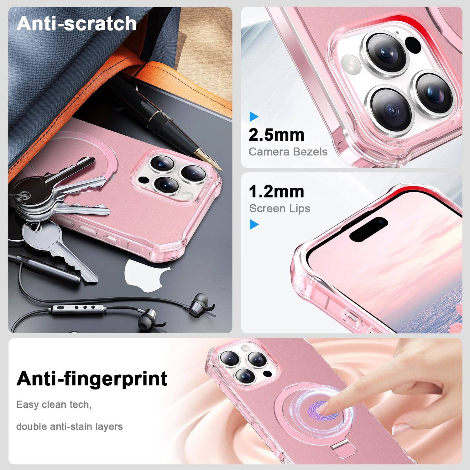 Für Apple iPhone 16 Pro Solid Color Wave Design MagSafe Ring Halterung Hülle Rosa