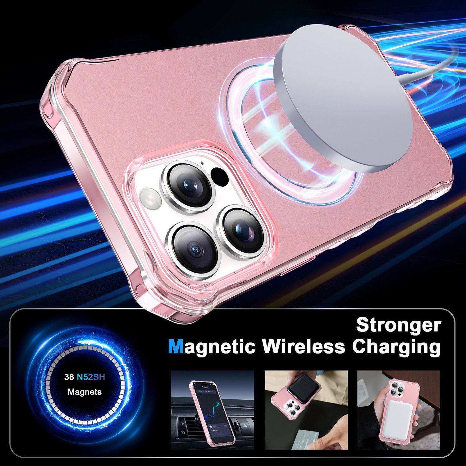 Für Apple iPhone 16 Pro Solid Color Wave Design MagSafe Ring Halterung Hülle Rosa
