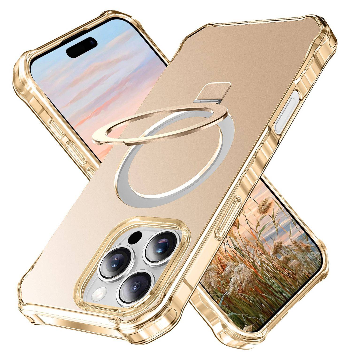 Für Apple iPhone 16 Pro Solid Color Wave Design MagSafe Ring Halterung Hülle Gold