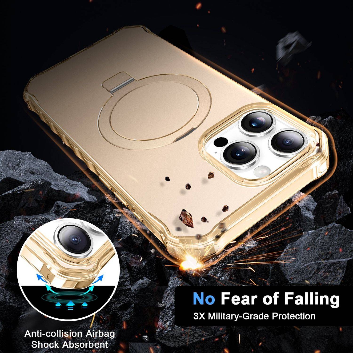 Für Apple iPhone 16 Pro Solid Color Wave Design MagSafe Ring Halterung Hülle Gold
