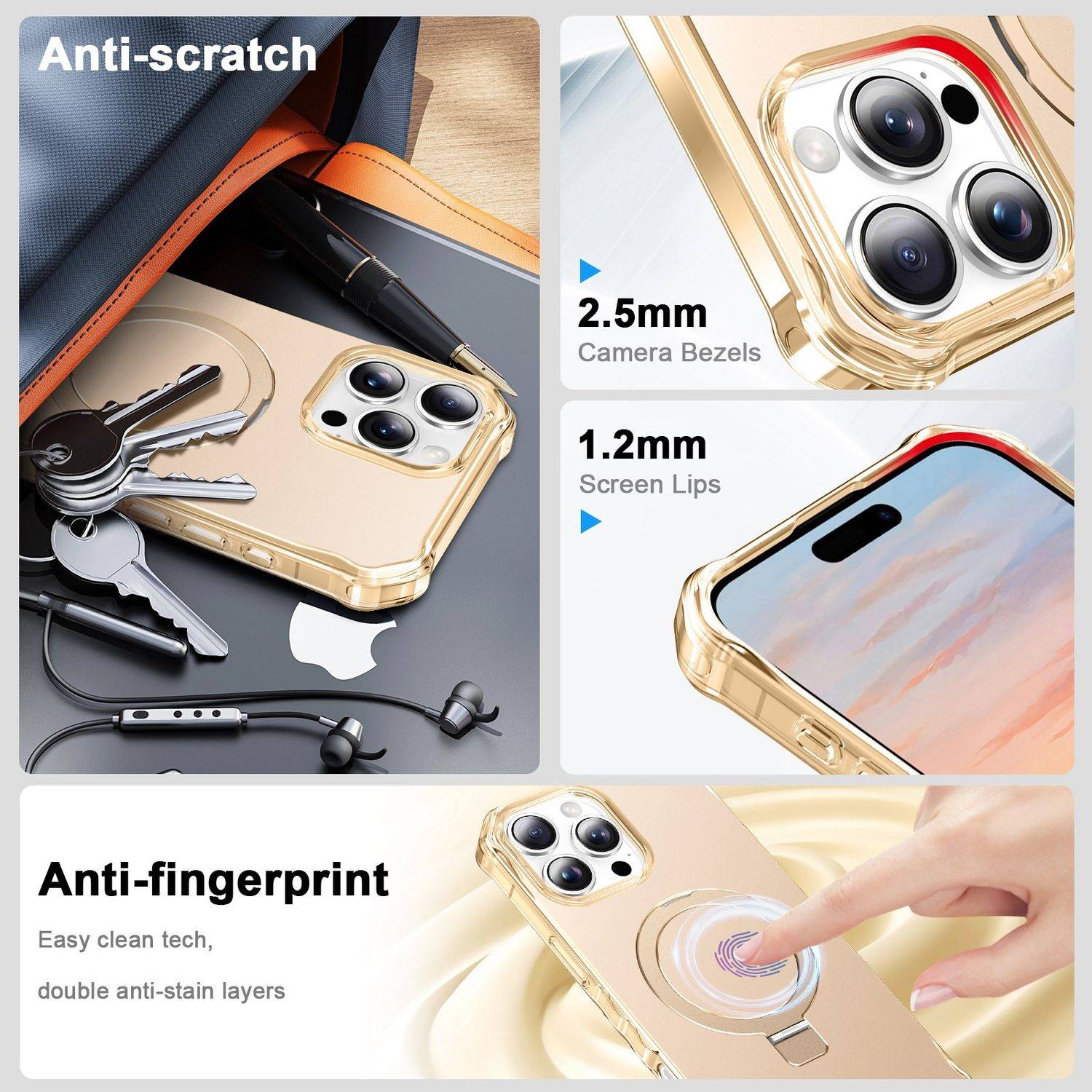 Für Apple iPhone 16 Pro Solid Color Wave Design MagSafe Ring Halterung Hülle Gold