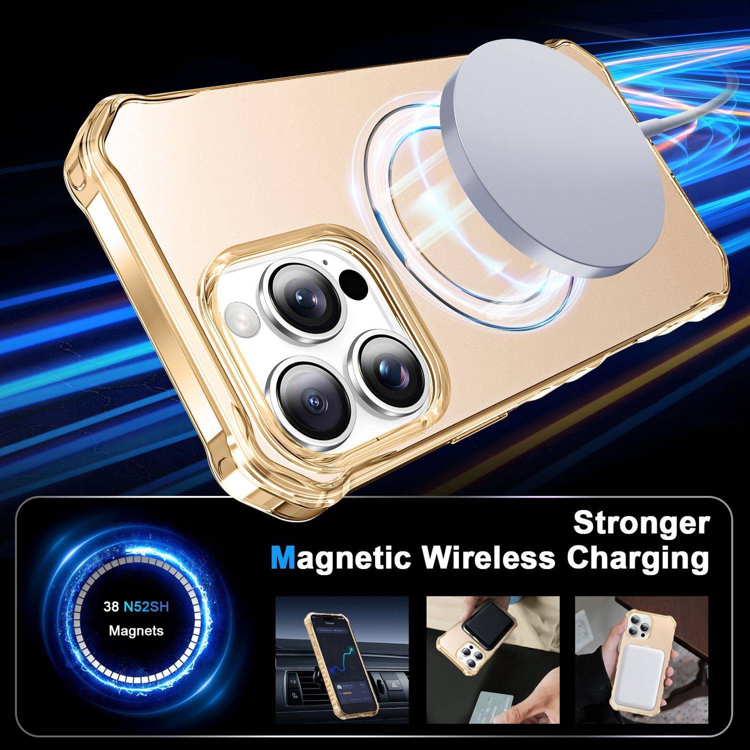 Für Apple iPhone 16 Pro Solid Color Wave Design MagSafe Ring Halterung Hülle Gold
