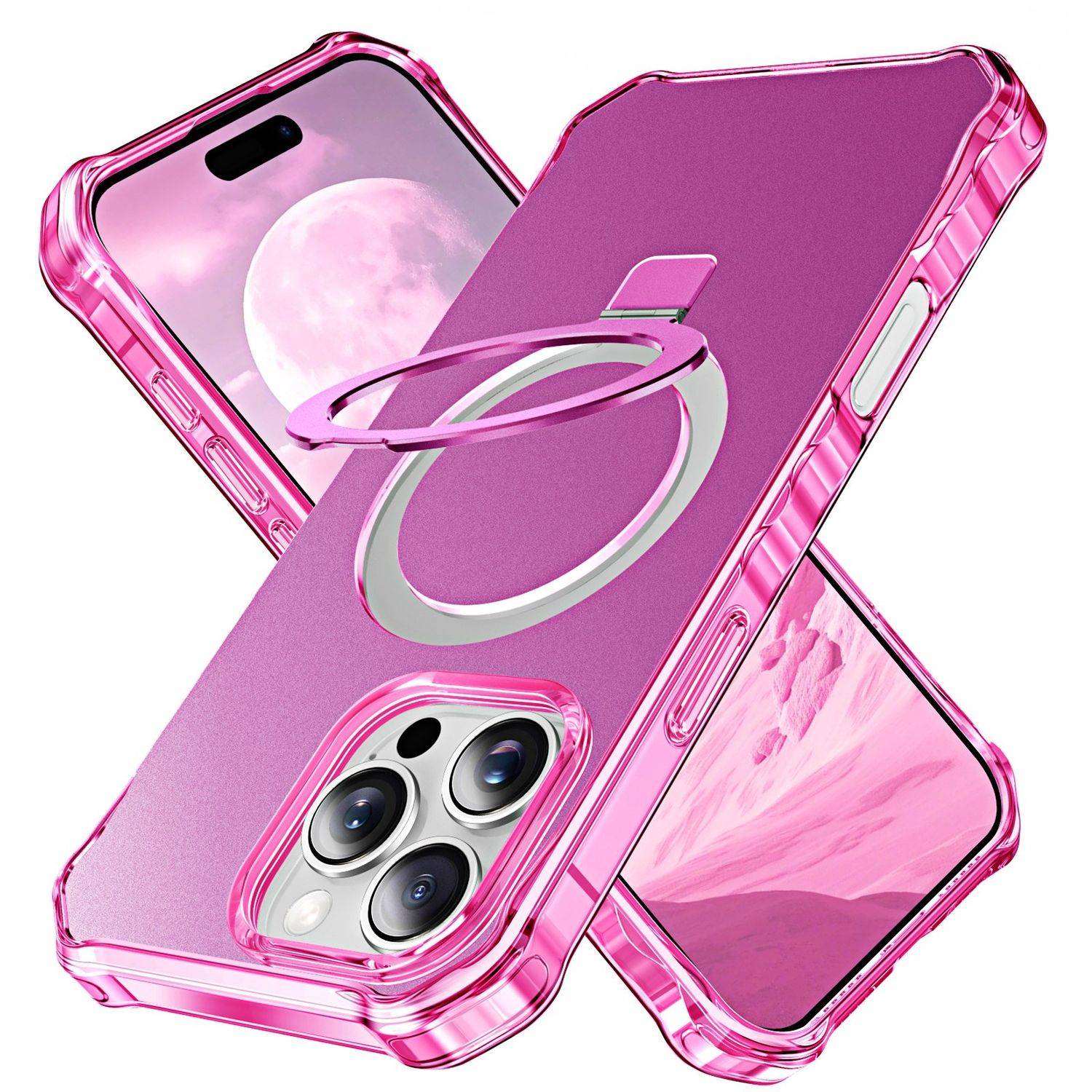 Für Apple iPhone 16 Pro Solid Color Wave Design MagSafe Ring Halterung Hülle Pink