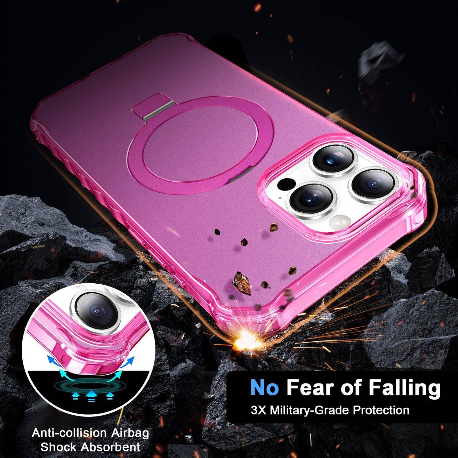 Für Apple iPhone 16 Pro Solid Color Wave Design MagSafe Ring Halterung Hülle Pink