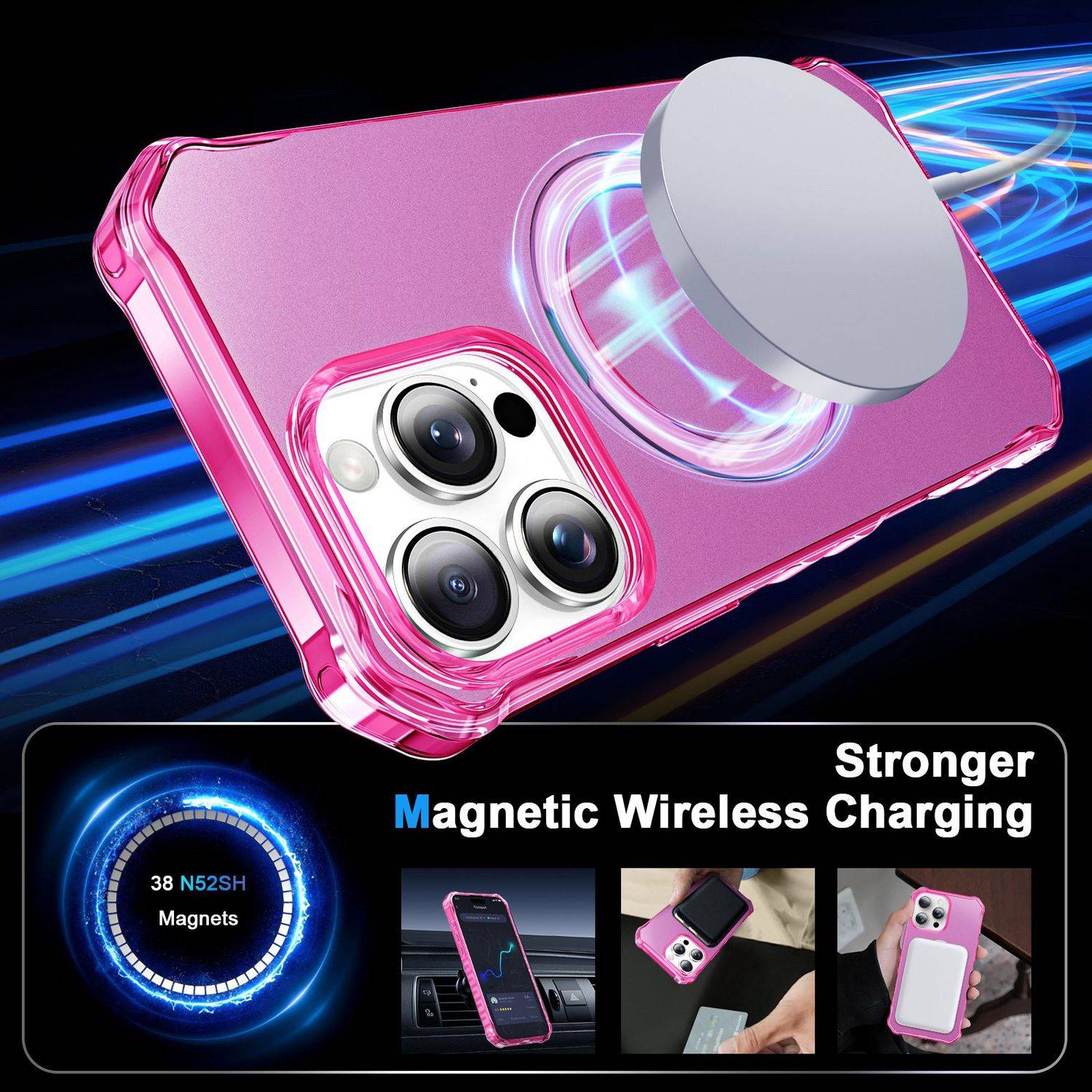 Für Apple iPhone 16 Pro Solid Color Wave Design MagSafe Ring Halterung Hülle Pink