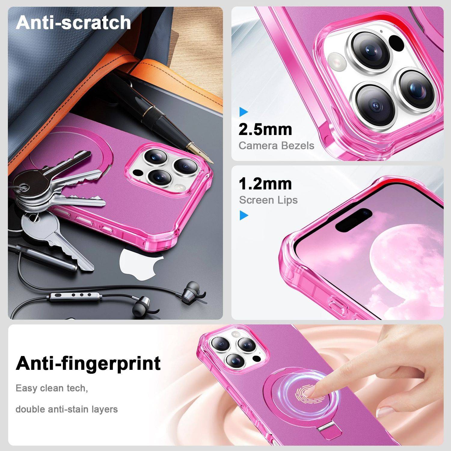 Für Apple iPhone 16 Pro Solid Color Wave Design MagSafe Ring Halterung Hülle Pink