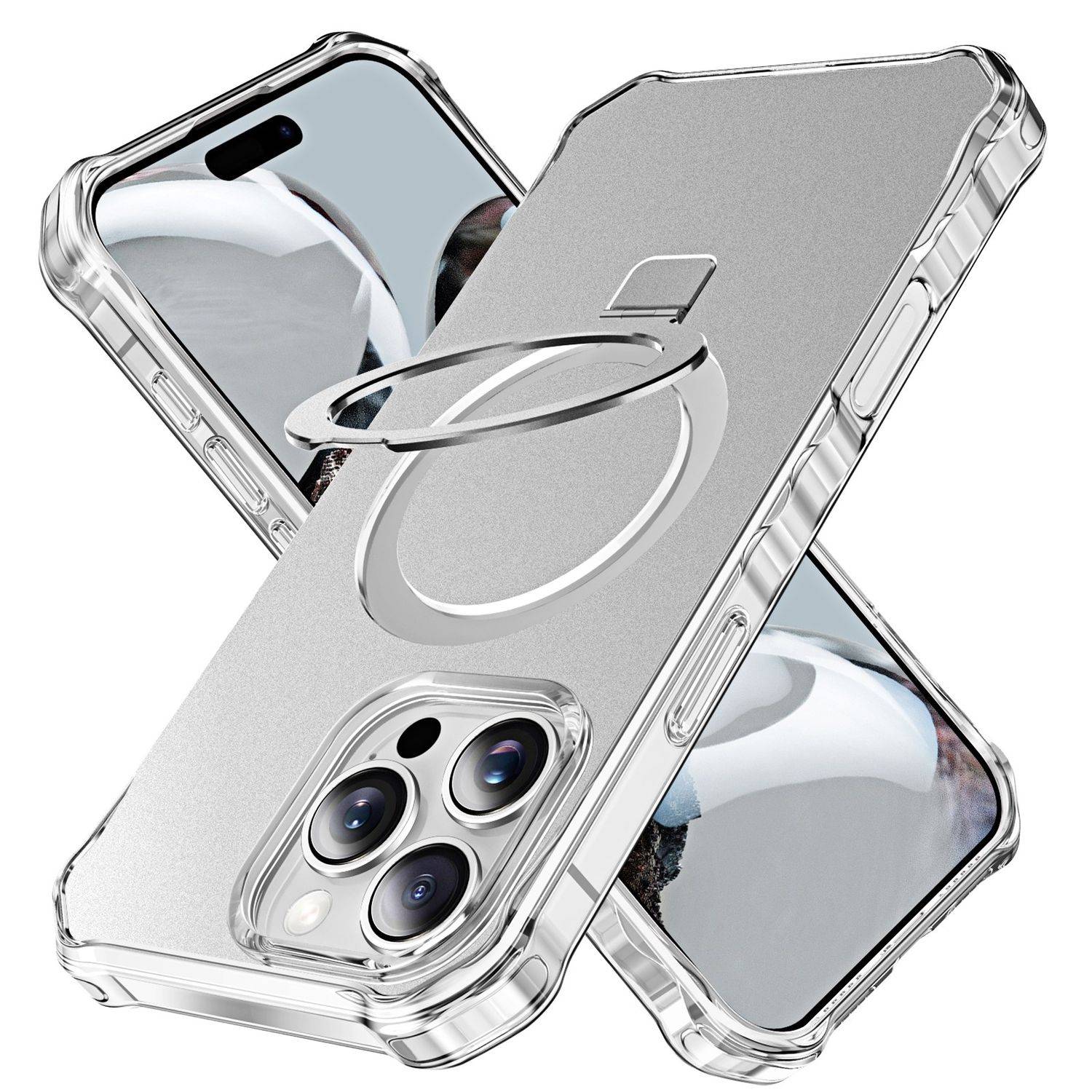 Für Apple iPhone 16 Pro Max Solid Color Wave Design MagSafe Ring Halterung Hülle Silber