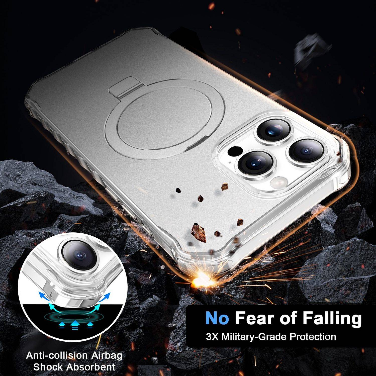 Für Apple iPhone 16 Pro Max Solid Color Wave Design MagSafe Ring Halterung Hülle Silber