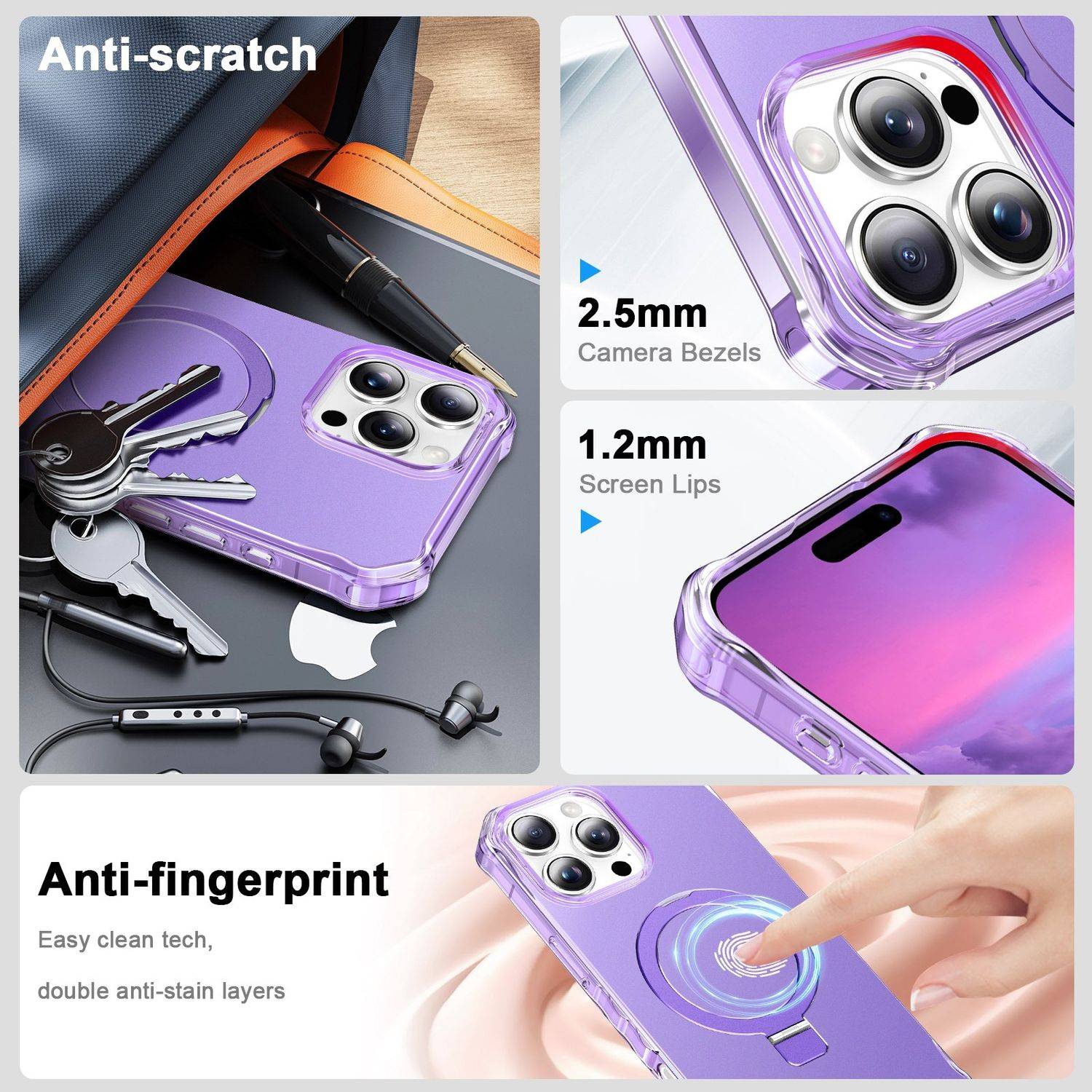 Für Apple iPhone 16 Pro Solid Color Wave Design MagSafe Ring Halterung Hülle Lila