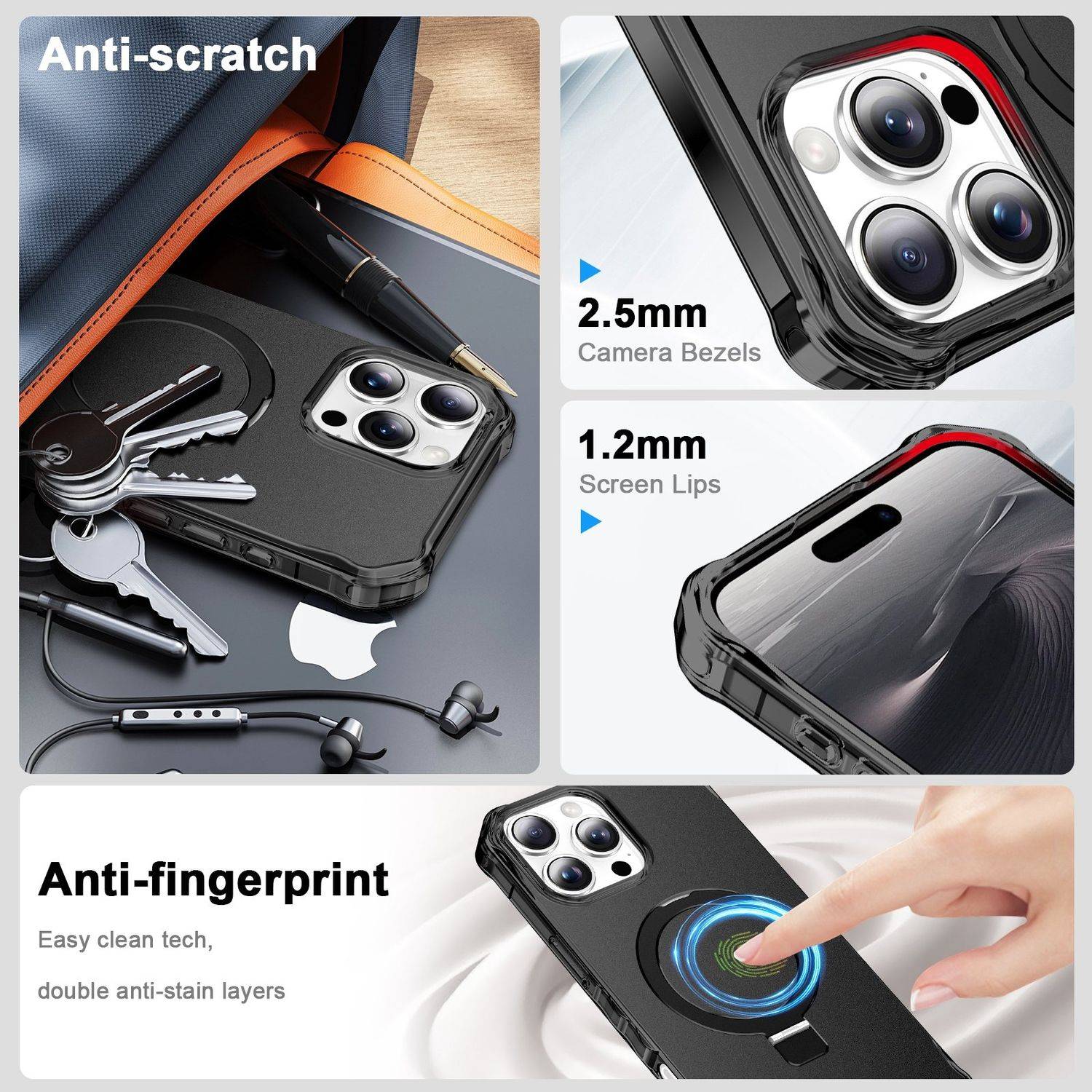 Für Apple iPhone 16 Pro Max Solid Color Wave Design MagSafe Ring Halterung Hülle Schwarz