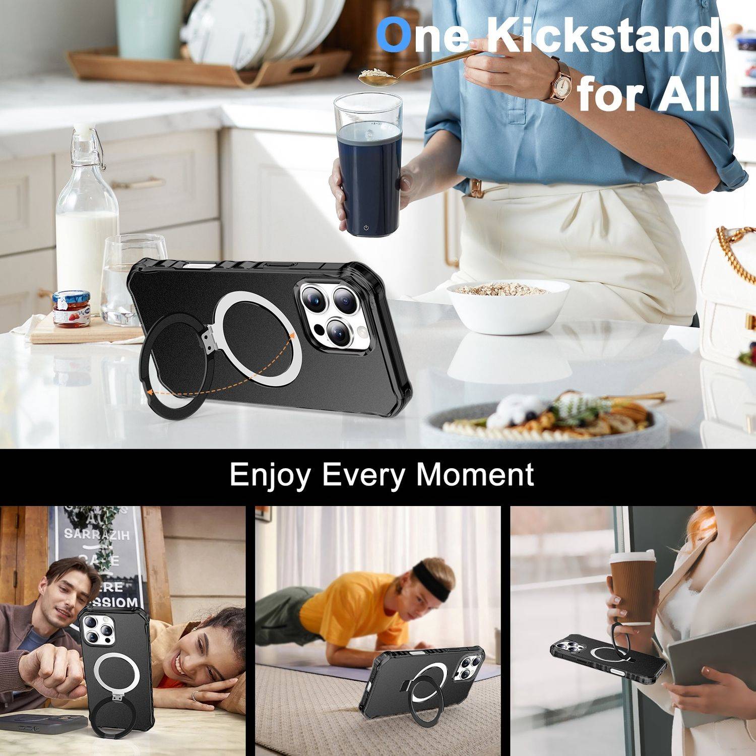 Für Apple iPhone 16 Pro Max Solid Color Wave Design MagSafe Ring Halterung Hülle Schwarz