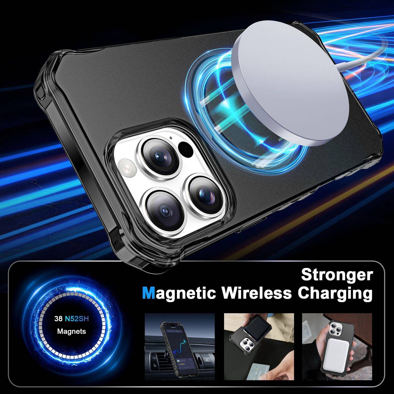 Für Apple iPhone 16 Pro Max Solid Color Wave Design MagSafe Ring Halterung Hülle Schwarz